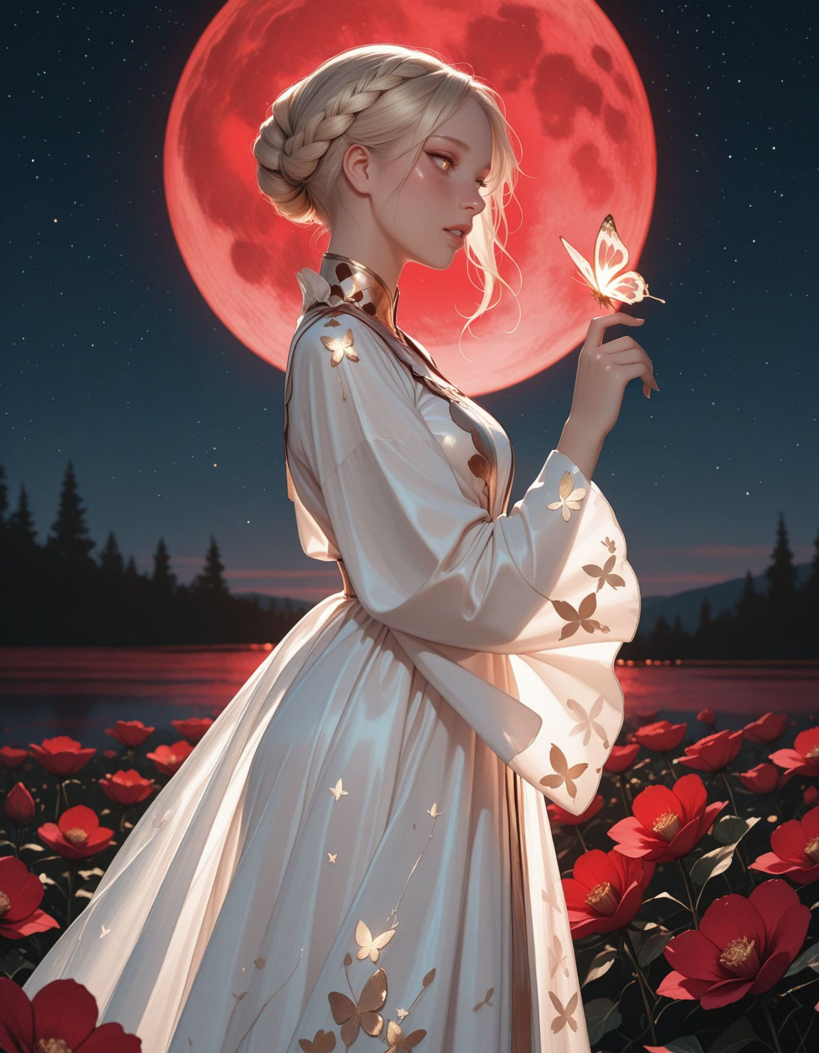 Masterpiece, Best quality Backlights, ultra-detailed quality, dynamic composition, natural lighting, solo,
<lora:OCLiine:1.0>
OCLiine, blonde hair, gold eyes, updo, 
red flower, butterfly on hand, red moon, night sky, star (sky), outdoors, from side, wide sleeves, white dress, long sleeves, starry sky, full moon, hand up, standing, blush, glowing butterfly, parted lips