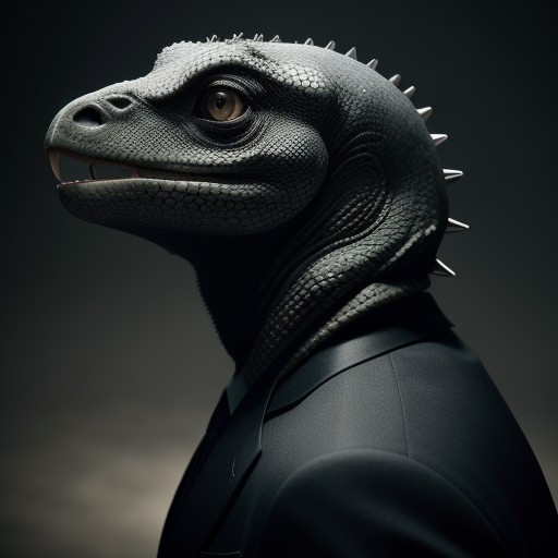 A cinematic scene is a 3D rendering of a humanoid creature with a large, articulated head and a long, pointed beak. The creature's head is covered in a textured, greyish-brown skin with cracks and cracks, giving it a wrinkled appearance. The eye of the creature is large and round, with a black pupil in the center. The beak is long and curved, with sharp edges and a pointed tip. It has a black beak protruding from the top of its head. On its right side of the head, there are long, thin, spiky spikes that are blue and black in color, extending upwards and downwards towards the right side. with a cinematic backdrop of, there is a smaller, dark, textured surface that appears to be a darker shade of grey or black, creating a contrast with the lighter tones of the reptile's skin and the darkerness of the background. The figure is wearing a dark suit jacket with a white shirt underneath, and a pattern of thin, vertical lines appears vividly on the suit jacket. The overall tone of A cinematic scene is eerie and mysterious, conveying a sense of mystery and intrigue. High fidelity, realistic texture, ultra detail, cinematic tone mapping.