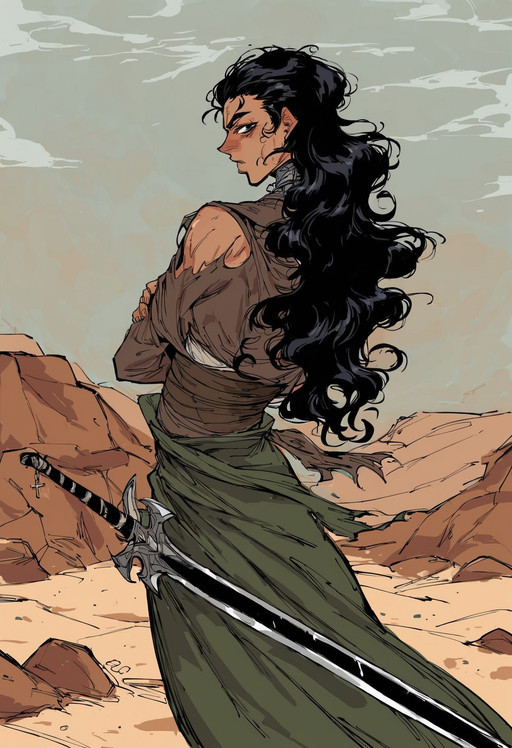 score_9, score_8_up, score_7_up, rating_questionable, source_comic, black ink, charcoal art lines, intricate expressive lines, impressionist art, BREAK, 1girl, 40yo, solo, black hair, wavy hair, bedouin, wise, persian cuirass, curved sword, sheathed weapon, cross arms pose, BREAK, on desert sands, strong winds, looking at the viewer, detailed_background, heavy shadows
