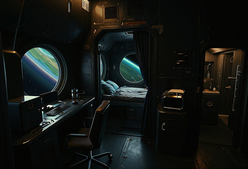 Create an image of an officer's quarters aboard a military spacecraft, looking into the room from the doorway.