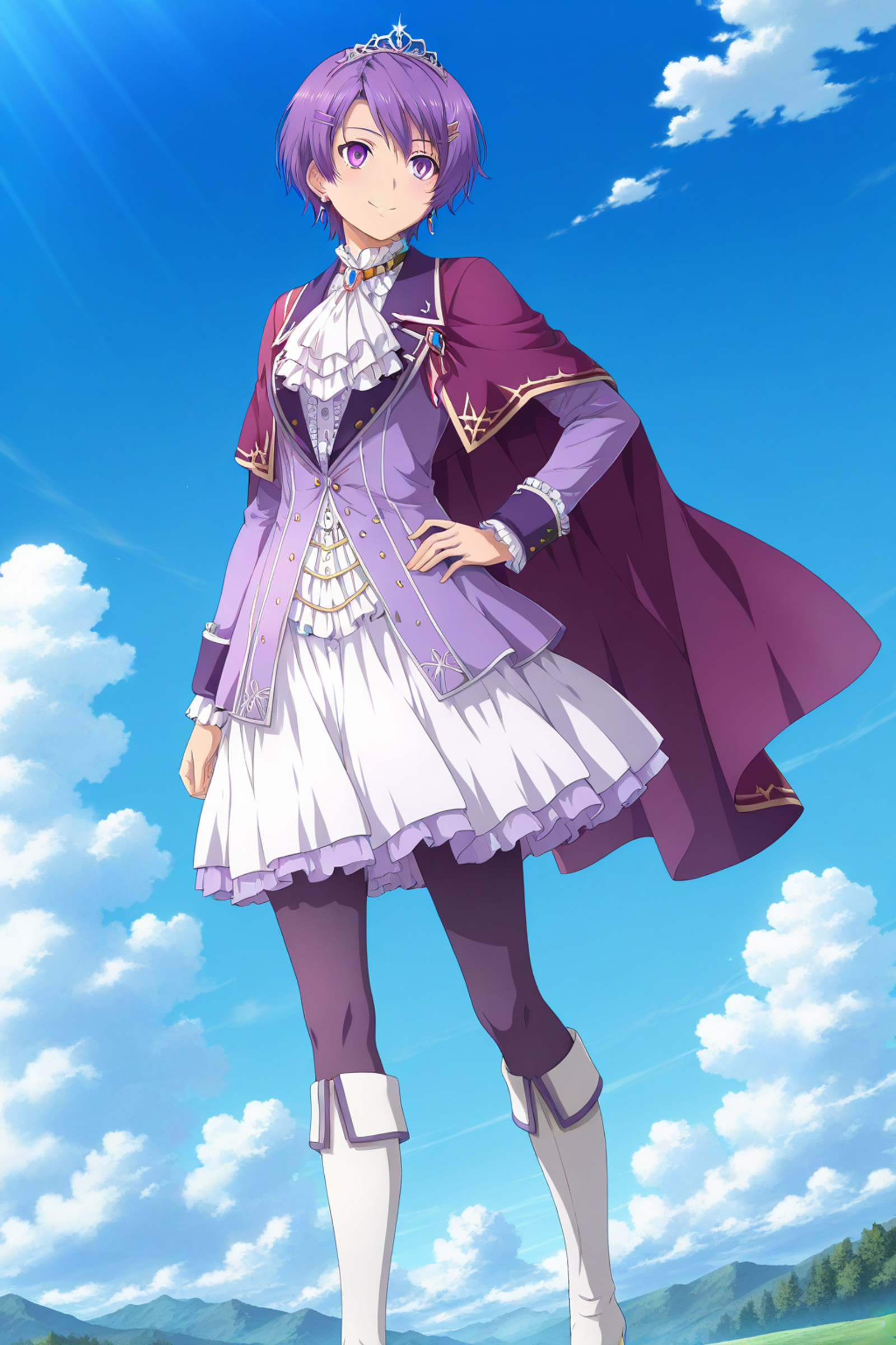 standing, smile, 
 <lora:Klaudia-von-Auslese_lL_v01.1:1> klaudia-von-auslese, purple hair, purple eyes, short hair, hair ornament, hairclip, earrings, boots, high heel boots, jewelry, high heels, tiara, cape, earrings, white footwear, frills, pantyhose, dress, long sleeves, skirt, knee boots, center frills, ascot, brooch, purple cape, jacket, purple jacket, (HDR), (intricate details), newest, (amazing quality:0.5), absurdres, highres, 8k resolution, film grain, soft lighting, anime, (anime screenshot:2, anime coloring:2), detailed background, 8k, masterpiece, best quality, very aesthetic
1girl, solo,