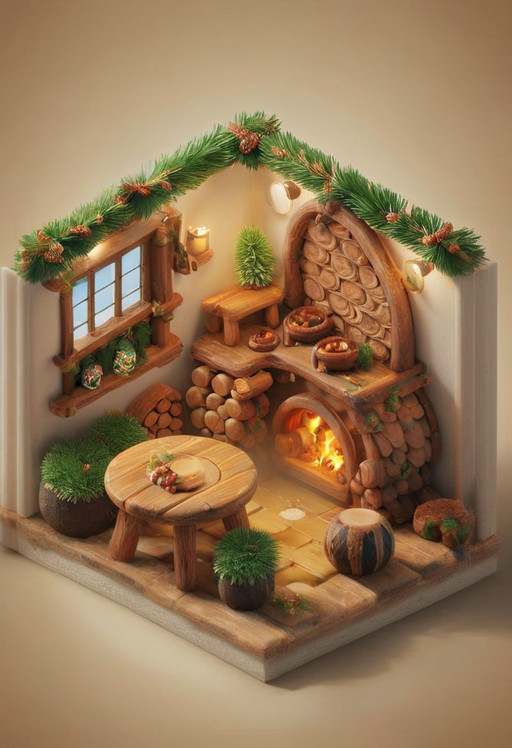 masterpiece, best quality, highly detailed, microhouse, rustic camp interior, warm firelight, cozy atmosphere, fir needle style inspired furniture, table with fir needles, beer keg, cot made out of fir needles, backpack hanging on the wall, stone fireplace, <lora:PAseer-SDXL-MicroHouseV1:0.8>