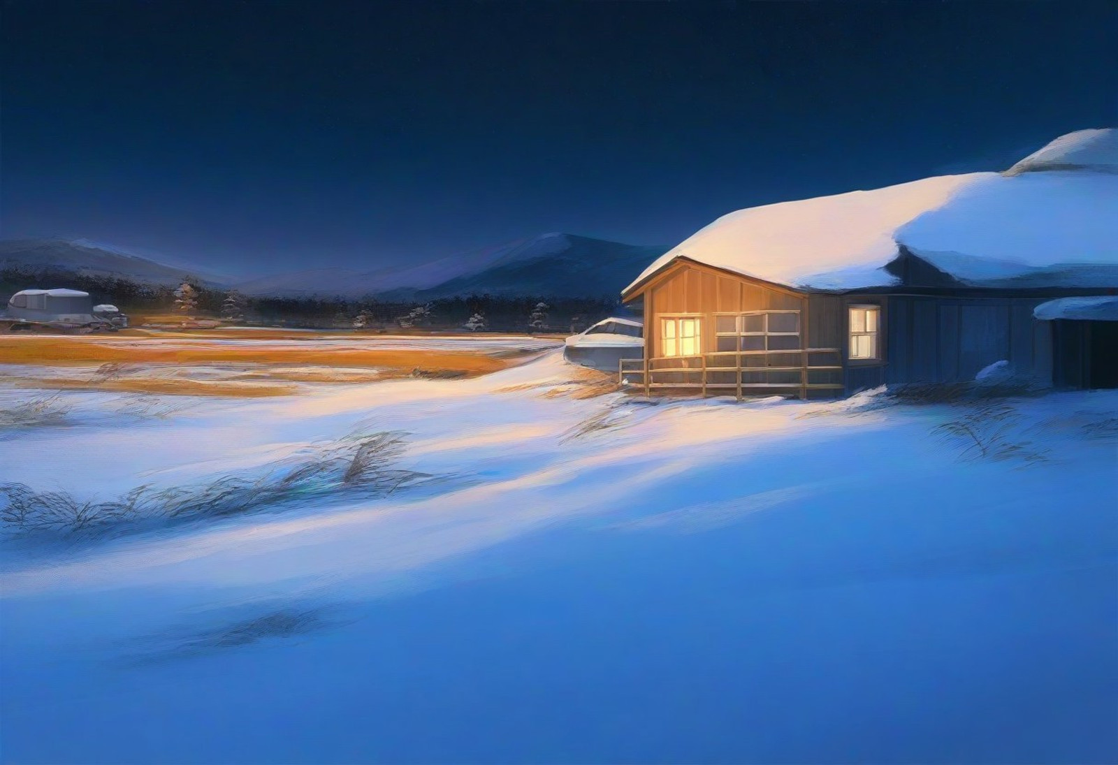 masterpiece, best quality, amazing quality, outdoors, rural homestead, snow, snowfall, night, nighttime, no humans