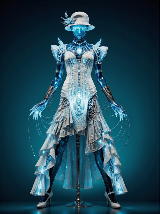digital artwork of an intricate glowing  azure striated glass Austrian mannequin wearing a 1920s dress. Adorned with futuristic details. <lora:Electrified Flux v1:1>