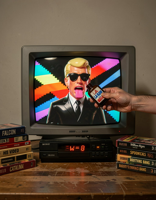 This slightly distressed 1980s era photograph a medium close-up shot of a retro television setup, captured from an eye-level angle taken at night. The background is a plain, beige wall. The composition uses the rule of thirds, with the television and stacked VHS tapes positioned on the left and right thirds of the image.
The central focus is a vintage well-worn black 1980s era Sony VHS player, with amber led digital clock displaying '(=w=8', positioned under a similar era used gray television which displays common VHS tape playback artifacts such as tracking distortion noise, Head-switching noise and scanline noise distortions. On the TV screen, shows a digital CGI rendered male character, similar to Max Headroom of the 1980s television series fame shown at a dutch angle. His skin is made of plate plastic, and has solid-plastic short blonde hair, black Ray-Ban sunglasses, shiny solid-plastic black suit and tie, and open mouth and a toy-like square plastic-pink tongue out. He is positioned in front of a colorful digitized jagged rainbow-like diagonal cross-striped against a solid black backdrop. The man's expression is exaggerated, with his plastic-tongue sticking out.
Below this TV, there is a stack of thick VHS tapes with visible labels: "FALCON," "HIS VIDEO," and "CATALINA"
To the right of the central TV, man's arm extends into the frame from the right with the hand holding a small rectangular opened poppers bottle, with a plastic white label and "LA-RAW" in blue license plate style, at an angle positioned over the TV screen with the bottle opening hovering just below the Max Headroom character's nose. The hand is light-skinned and enters the frame from the right side.
In front of the central TV, there is a stack of VHS tapes with titles like "SPOKES III," "William Higgins," and "BOOTYTANG BANG 3". The surface is a wooden table with a medium brown, slightly worn stained texture.
The lighting is even and natural, with no strong shadows or highlights, providing clear visibility of all elements. The photograph has a nostalgic, retro feel due to the vintage technology and VHS tapes.