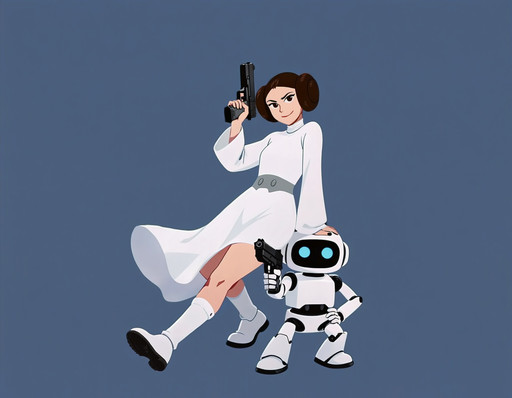 <lora:Yuki:1>Outfit_1, hair buns, white dress, white boots, belt with studs,  grey belt, turtleneck, long sleeves, long dress, dress blowing in wind, wallpaper style, exposed knee and thigh , white socks, white shoes, holding a hand gun , gun raised up, looking at viewer, from side, leaning against a small robot, arm support, 1 leg against robot , simple blue background , head tilt,  <lora:anima_preview3_rdbt_finetuned_cfg_distilled_v0.24:1> <lora:rendering_detailer_base10:0.6>