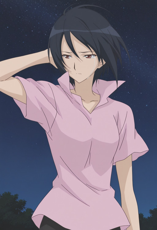 <lora:IL_Kaname_Kenjou_-_Strawberry_Panic:1>, official art, detailed art, ultra detailed art, masterpiece, anime coloring, finetuneanime, anime screencap, 2000s \(style\), kanameken, 1girl, solo, short hair, black hair, hair between eyes, red eyes, medium breast, curvy, large hips, high collar, popped collar, pink shirt, short sleeves, black pants,
BREAK
upper body, adjusting hair, wind, looking to the side, sad, half-closed eyes, tears, 
outdoors, night, starry sky, aesthetic, very aesthetic,