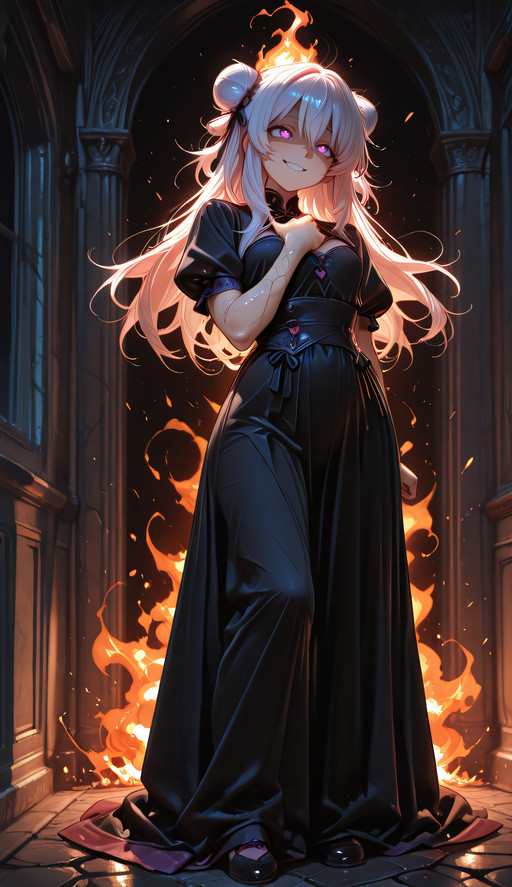 masterpiece, best quality, ultra detailed, dark anime style,
1girl,
full body,
civchan, glowing purple eyes with tiny ember reflections,
Heart on Fire theme,
standing in near-total darkness,
only illuminated by a dim burning heart-shaped flame behind her,
face partially in shadow,
unsettling smile,
head slightly tilted,
intense unblinking eye contact,
subtle twitch in expression,
one hand gripping her own chest tightly,
faint cracks of molten orange light beneath her skin,
embers drifting slowly around her,
deep shadows swallowing the background,
strong backlighting outlining her silhouette,
heat distortion in the air,
low-key cinematic lighting,
high contrast,
obsessive unstable energy,
burning madness atmosphere,