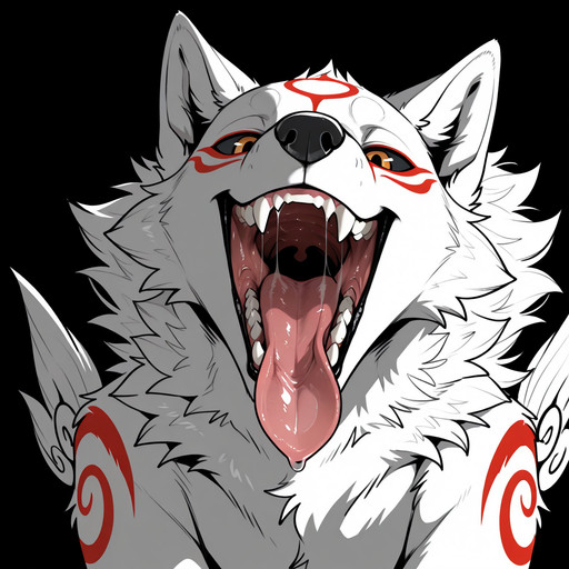 male, amaterasu (ookami), wolf, black nose, mawshot, wild open mouth, sharp theeth, tongue out, headshot, (very tinny wolf inside the mouth), oral vore, dark simple background, lineart, Score_9, Score_8_Up, masterpiece, digital media (artwork), best quality, amazing quality, very aesthetic, high resolution, absurdres, 4k