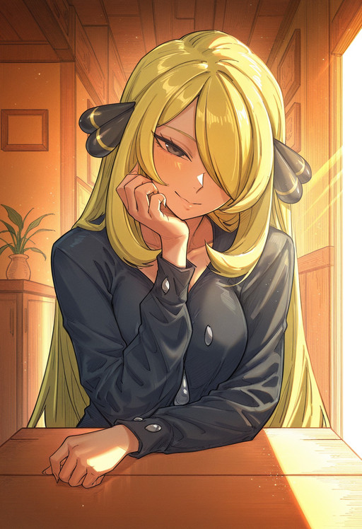 1girl, solo, cynthia \(pokemon\), hair ornament, blonde hair, long hair, hair over one eye, one eye covered, black eyes, black jacket, black shirt, looking at viewer, cowboy shot, indoors, cafe, date, pov, sunset, evening, golden hour, warm lighting, volumetric light, sun rays, smile, head tilt, head rest,
looking at viewer, gentle smile, soft shadows,
detailed background, intricate details,
best quality, ultra-detailed, highest quality, official art, absurdres, latest, very awa, very aesthetic, detailed shading, (detailed background, complex background), amazing quality, intricate, hyper-detailed, excellent, latest, masterpiece, best quality, ultra-detailed, very aesthetic, depth of field, best lighting, detailed illustration, detailed background, beautiful face, beautiful eyes, soft lighting, bloom effect, detailed background, cute girl,
(masterpiece, best quality), ultra-HD, cinematic lighting, hyperdetailed, female focus, ultra detailed face, 8k, 4k,