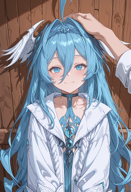 masterpiece, best quality, amazing quality, anime coloring, delicate, 
QaQ, 
1girl, feina, ahoge, long sleeves, white dress, blue eyes, hairband, head wings, blue hair, black choker, 
indoor, simple background, wooden wall, 
pov, headpat, smile, upper body