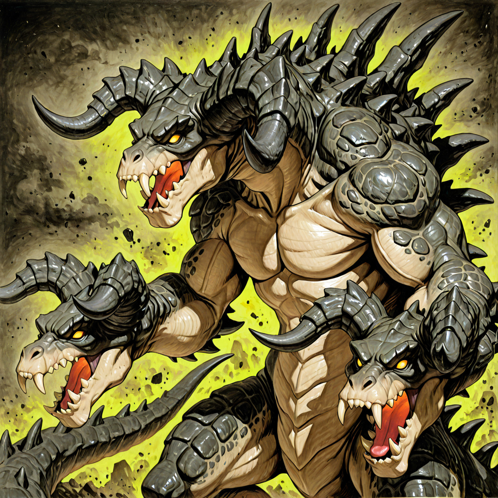 solo, 1boy, deathclaw, traditional media, head hands