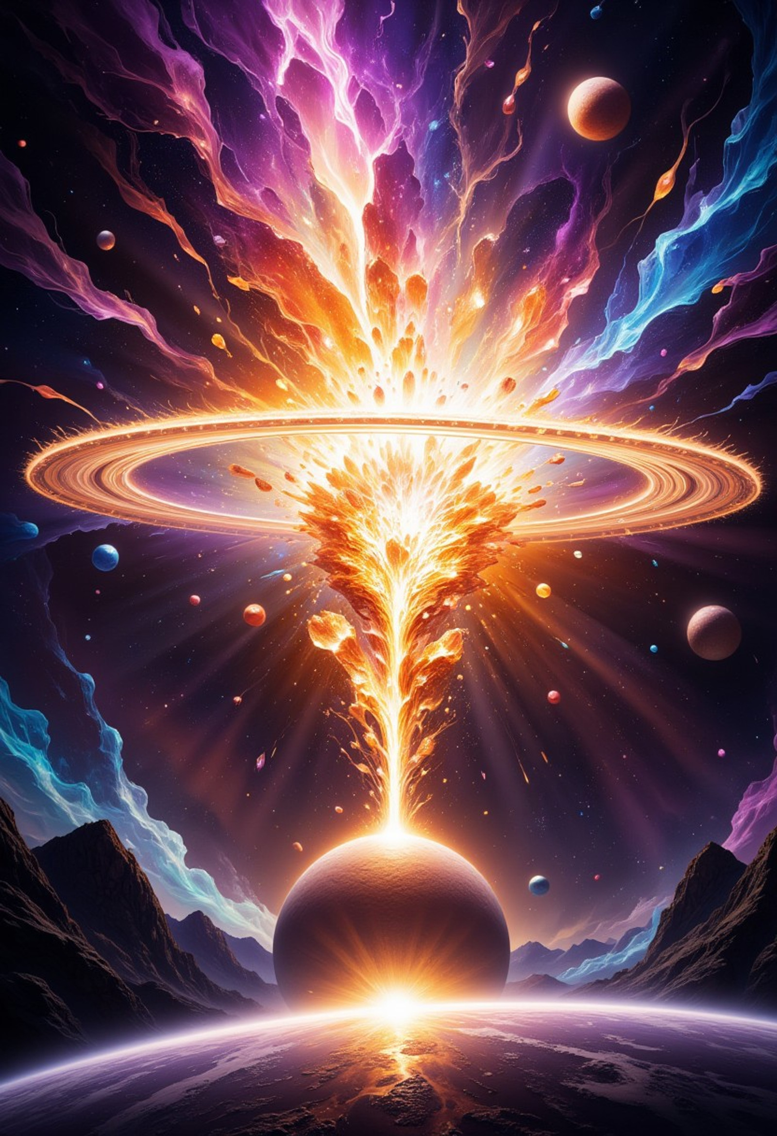 An awe-inspiring celestial event of cosmic proportions unfolds in the vast expanse of space. A colossal nebula radiates in the background, glowing with an ethereal blend of vivid colors: swirling purples, fiery oranges, luminous blues, and radiant golds. At its center, a massive star is undergoing a supernova, sending out streams of dazzling light and energy that ripple across the cosmos. Fragments of the star break into glowing crystalline shards, suspended in space like scattered jewels, each reflecting the nebula's multicolored light. Surrounding the scene, shimmering celestial rings and glowing comets streak across the sky, leaving trails of luminous particles. In the foreground, a distant planet with a reflective surface mirrors the vibrant spectacle, creating a surreal and breathtaking composition. The entire scene is illuminated with an otherworldly brilliance, embodying the vast, majestic power of the universe in all its glory