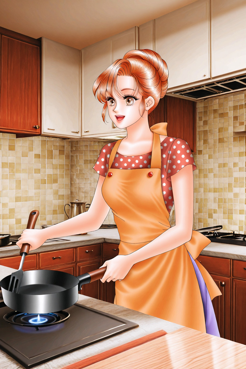 Stardom 2000 Style,Fang RuoQi,1girl,solo,kitchen,apron,frying pan,brown eyes,cooking,dress,polka dot,brown hai