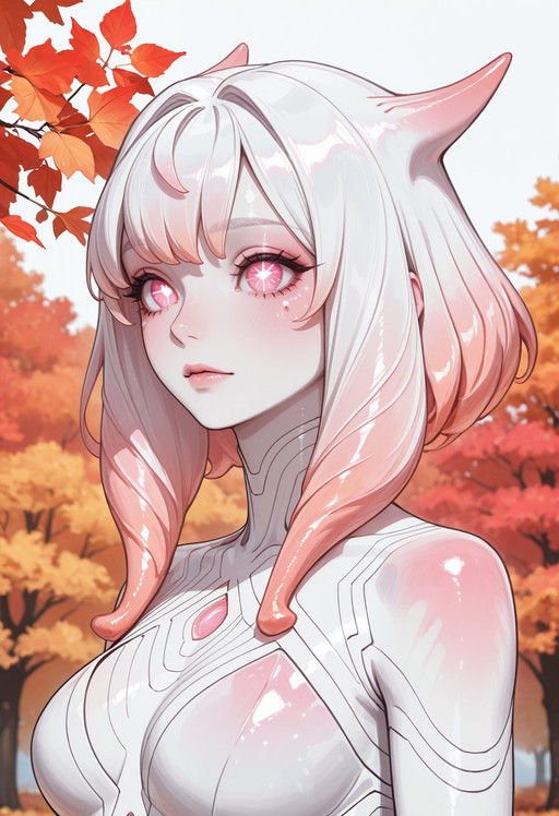 very awa, masterpiece, best quality, absurdres, newest, perfect quality, detailed background, intricate details, solo,
<lora:OCQu3r4:1.0> OCQu3r4, White hair, Gradient hair, pink eyes, Alien, symbol-shaped pupils,,
looking at viewer, 
upper Body, autumn background
