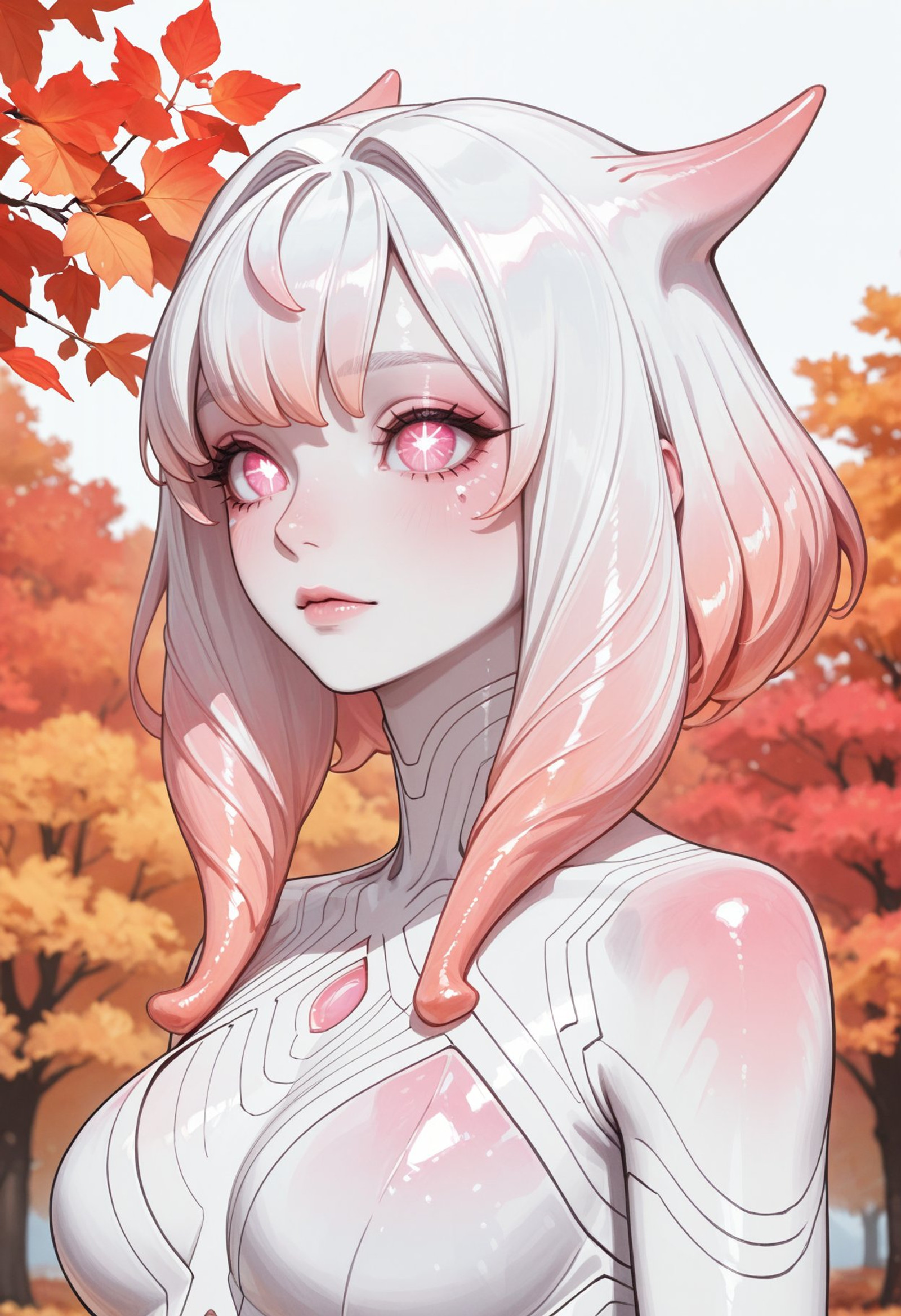 very awa, masterpiece, best quality, absurdres, newest, perfect quality, detailed background, intricate details, solo,
<lora:OCQu3r4:1.0> OCQu3r4, White hair, Gradient hair, pink eyes, Alien, symbol-shaped pupils,,
looking at viewer, 
upper Body, autumn background