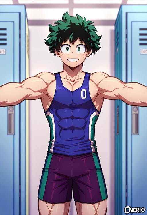 masterpiece, best quality, 1boy, solo, male focus, oneirio, izuku_midoriya, green hair, green eyes, short hair, smiling, pecs, muscular male, looking at viewer, toned male, male sports wear, shorts, tank top, locker room, stretching