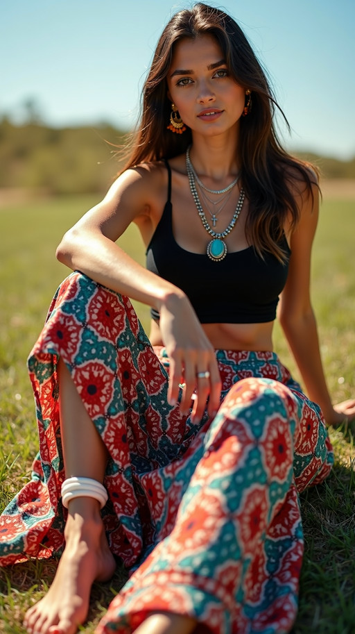 A fashion photography shot of a young woman in a flowing maxi skirt with a vibrant red and teal ikat-style pattern. The model is wearing a black tank top and has long dark hair. She is posed in a relaxed sitting position on grass, with one arm resting on her knee. The skirt features a high-low hemline with a distinctive geometric pattern combining red, teal, and orange circular motifs. She is wearing multiple pieces of jewelry including gold hoop earrings, a large amber pendant necklace, and a silver chain necklace. White shell anklets adorn her bare legs. The lighting is natural and warm, creating a golden glow on the subject's skin. The background shows a clear blue sky and green grass. The composition is shot from a slightly lower angle, capturing the full length of the skirt and the model's relaxed pose.