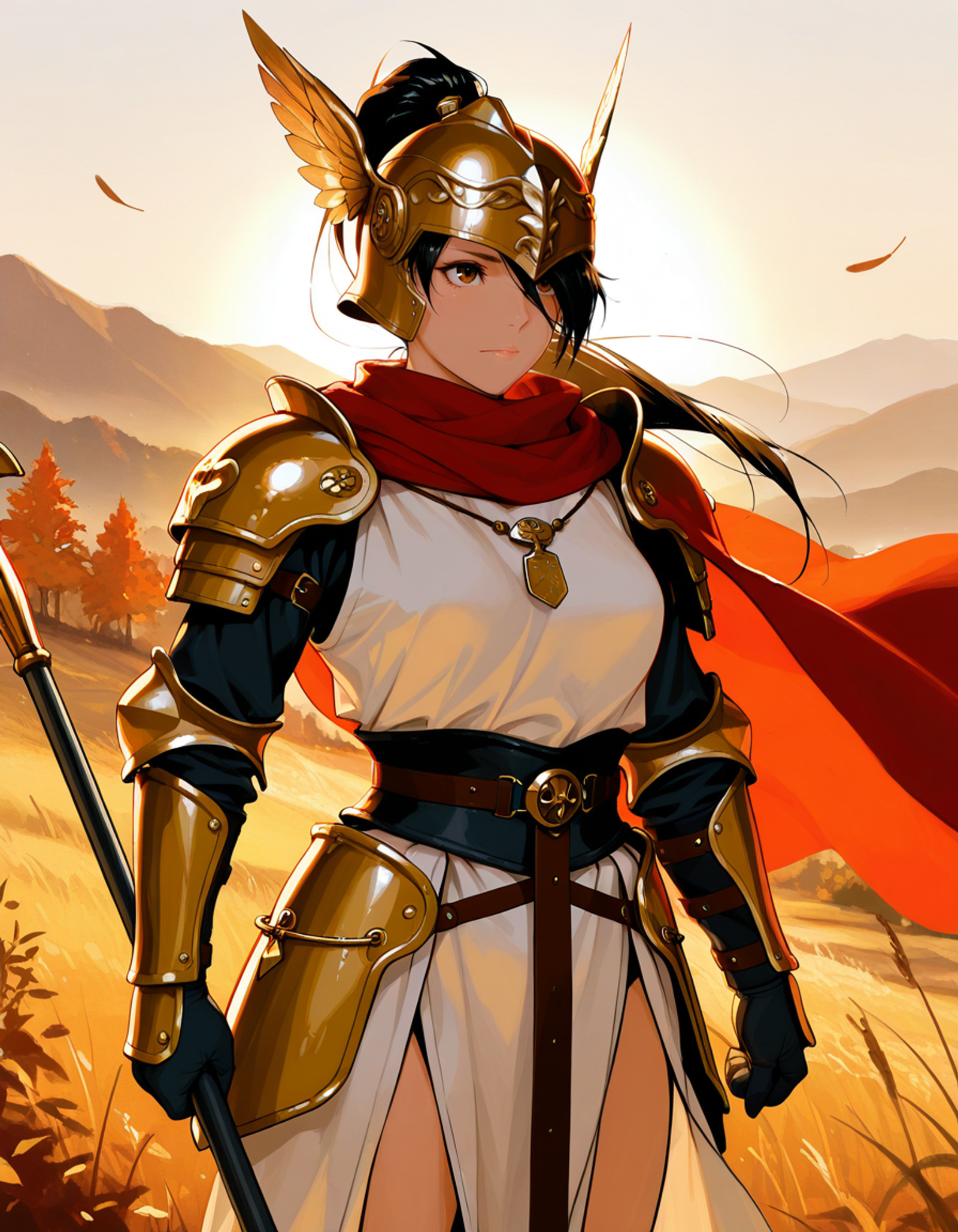 <lora:Utility_-_Detail_Enhancer_by_BSS_v3:0.75>, <lora:Utility_-_Visual_Enhancer_by_BSS:0.75>, <lora:Artist_Style_-_Laserflip_aka_Rosaline_ILXL:0.25>, pklaserflip, <lora:Artist_Style_-_Light_Color_ILXL:0.25>, line style, colored sketch, traditional media, sketch, <lora:Artist_Style_-_RDJlock_ILXL:0.25>, rdjlock, <lora:Artist_Style_-_REDUM_by_Vixon_ILXL:0.25>, redum, (masterpiece, very aesthetic, very awa, newest, ultra-detailed, detailed textures, best quality, absurdres, 8k, correct anatomy:1), <lora:Character_-_Momiji_from_DoA_ILXL:0.7>,long hair,black hair,high ponytail,brown eyes,medium breasts,asymmetrical hair,loose hair strand,hair between eyes,parted bangs,hair over one eye,<lora:Utility_-_Race_and_Ethnicity_Helper_ILXL_v3.3:0.3>,asian_japanese,,
1girl,fantasy female warrior,valkyrie,ancient armor,golden ornate helmet,winged helmet,intricate engravings,bronze pauldrons,gauntlets,leather bracers,white tunic,layered fabric,tattered red cape,scarf ,mountainous landscape,misty valley,rocky cliffs,autumn trees,foggy atmosphere,ethereal lighting,cinematic composition,cowboy shot,standing tall,heroic pose,golden hour lighting,soft sunlight,dramatic shadows,warm earth tones,bronze and gold accents,muted natural colors,atmospheric haze,loose hair,holding polearm,floating cape,wind,looking up,falling feathers,, detailed_hand, elegant_fingers,  exactly 5 fingers, thumb