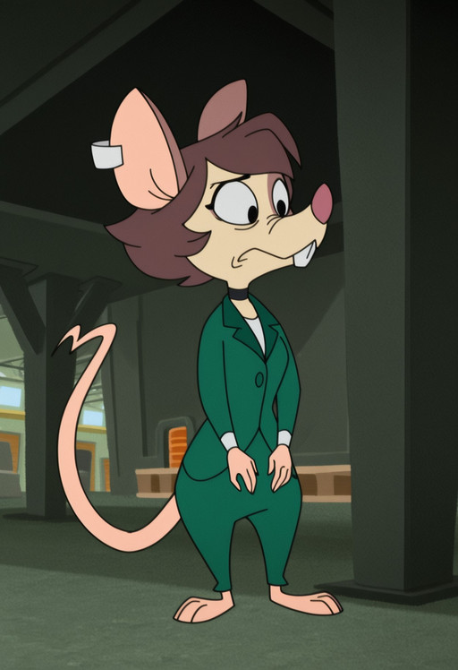 masterpiece, best quality, amazing quality, high quality,
Julia brain, 1girl, solo,  black eyes short brown hair, brown and cream fur, mouse tail, mouse feet, mouse ears, metal ear tag mouse hands, furry, anthropomorphic mouse, 2D animation green suit, white undershirt, green suit pants, black choker, evil