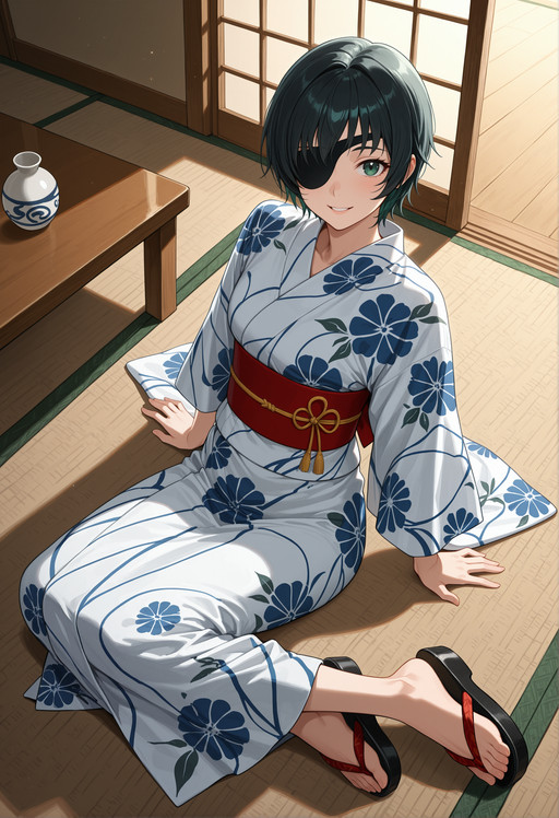 masterpiece, best quality, highres, absurdres, very awa, 1girl, solo, him3no, short hair, black hair, eyepatch, yukata, kimono, indoors, yokozuwari, sitting, arm support, full body, from above, green eyes, print kimono, japanese clothes, obi, sandals, tatami, table, looking at viewer, parted lips, smile
