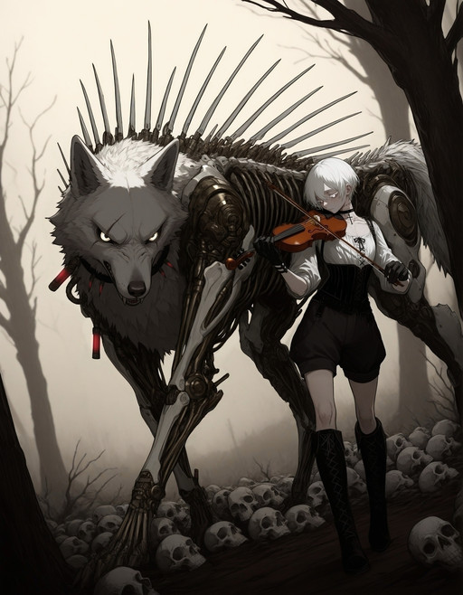 (masterpiece, best quality, aesthetic),  dutch angle, (playing violin:1.4), holding bow, (holding violin), biopunk, exoskeleton, biomechanical, mechanical, (duo), (feral wolf:1.2), (mechanical wolf:1.2), sharp focus,
young boy:1.2, white hair, white eyes, (boyish short hairstyle:1.2), flat chest, boyish clothes, long black gloves, black corset, white shirt, black shorts, bare shoulders, long boots, (white fur), FERAL LEGS, tubes, mechanical muscles,
(detailed background), outside, dead trees, (corpses), human skulls, human skeletons, white glow fog, broad shoulders, choker, rocky soil,
<lora:NAI_vpred_fix:0.6>  <lora:dark_art_style_illustriousXL:0.3> <lora:Megrim_Haruyo_Style:0.6>  <lora:Mika:0.6>  <lora:Animal Mecha [IL]:0.4>
