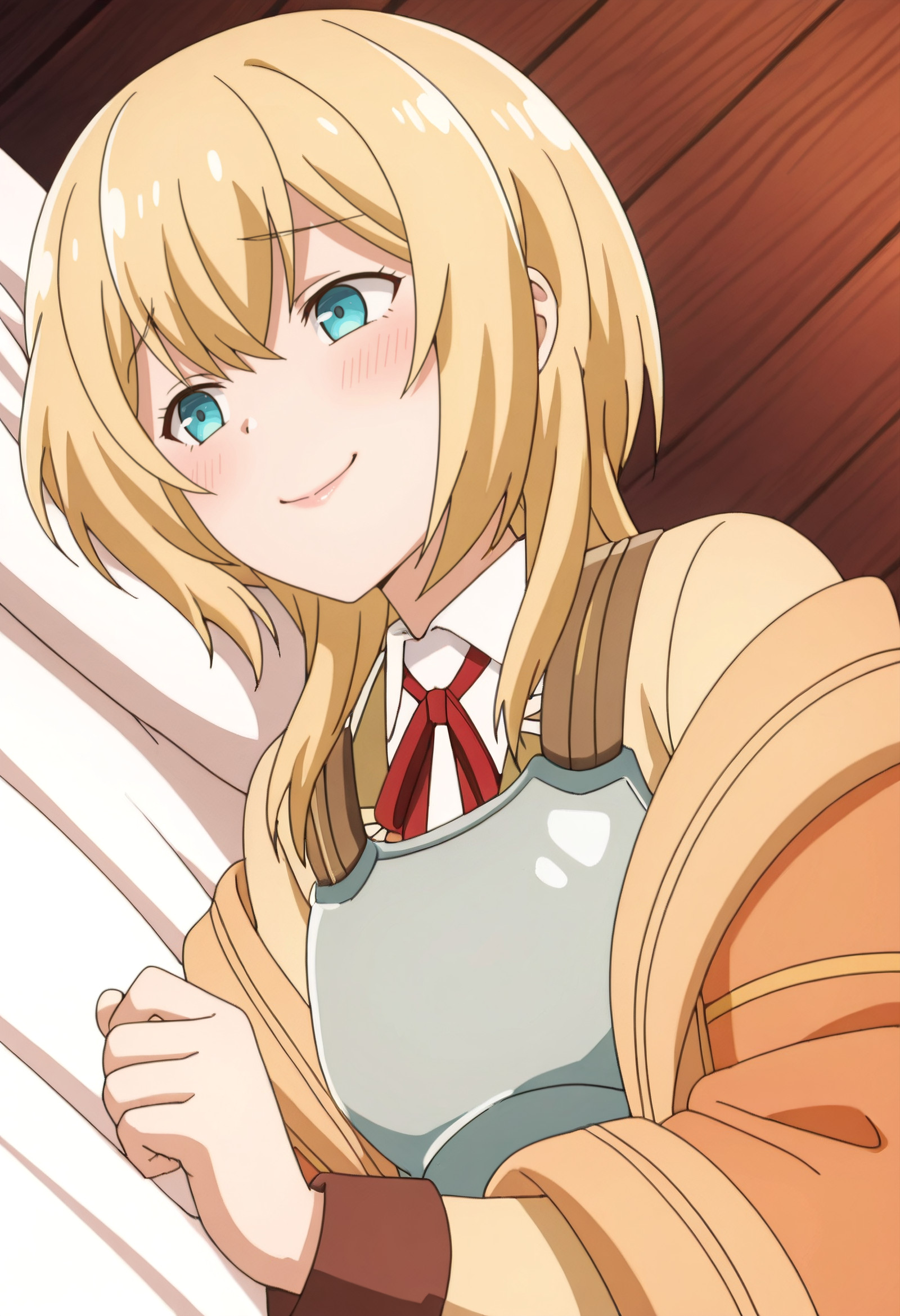    masterpiece, best quality, amazing quality, anime_screencap, Nervous, shy smile, eyes wide with submissive longing, face flushed with excitement, lips slightly parted, SNSLurie, blonde_hair, long_hair, blue_eyes, hair_between_eyes, sidelocks,  solo, LurieArmor, orange_jacket, armor, ribbon, red_ribbon, neck_ribbon, white_shirt, breastplate, open_clothes, collared_shirt, off_shoulder, open_jacket, long_sleeves, cardigan, yellow_cardigan, off-shoulder_jacket,  lying, on side, front view, low-angle_view, <segment:girl's face,0.55,0.2//cid=11> Nervous, shy smile, eyes wide with submissive longing, face flushed with excitement, lips slightly parted, SNSLurie, blonde_hair, long_hair, blue_eyes, hair_between_eyes, sidelocks, 