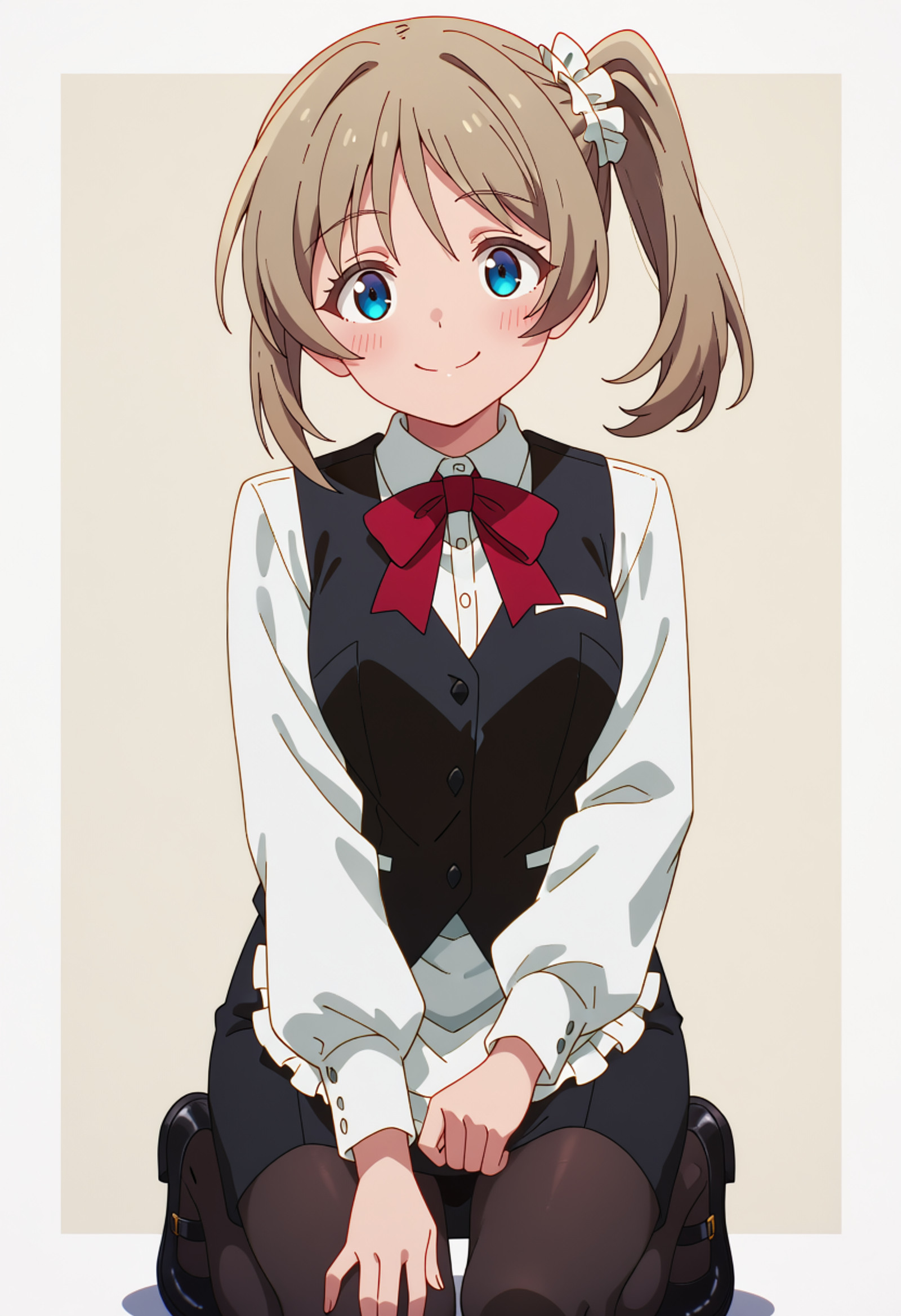 masterpiece, best quality, score_7, highres, absurdres, Slightly raised eyebrows, a loving smile, looking at viewer with affection, anime screenshot, safe, mgymisha, hair ornament, side ponytail, hair scrunchie, white scrunchie, blonde hair, blue eyes, long hair, solo,  mishaoutfit, black vest, white shirt, collared shirt, red bow, long sleeves, red ribbon, red bowtie, neck ribbon, ribbon, dress shirt, black skirt, wing collar, apron, waist apron, pencil skirt, black pantyhose, waitress, black footwear, white apron, shoes, mary janes, frilled apron, kneeling, front view, cowboy shot,,