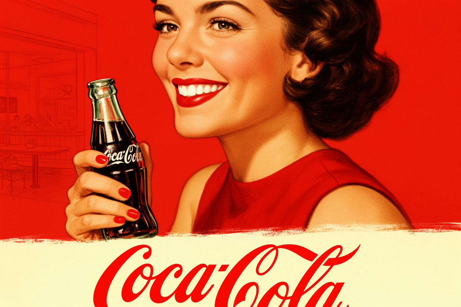 Vintage 1960s advertisement poster. Close-up of a smiling Caucasian woman, shown in 3/4 profile, with short, wavy dark brown hair and bright red lipstick. She wears a sleeveless red top and holds a classic glass Coca-Cola bottle with her right hand, her fingers featuring red-painted nails. Her expression is joyful, showing a row of white teeth. The background is a solid, vibrant red, with a faintly sketched depiction of a diner interior on the far left. At the bottom, a large, iconic red "Coca-Cola" script logo is set against a cream-colored, brush-textured base. The illustration style uses smooth painterly textures, soft shading, and clean lines characteristic of mid-20th-century commercial art. The color palette is dominated by bold red, cream, and deep browns, creating a cheerful and nostalgic mood typical of classic Americana.