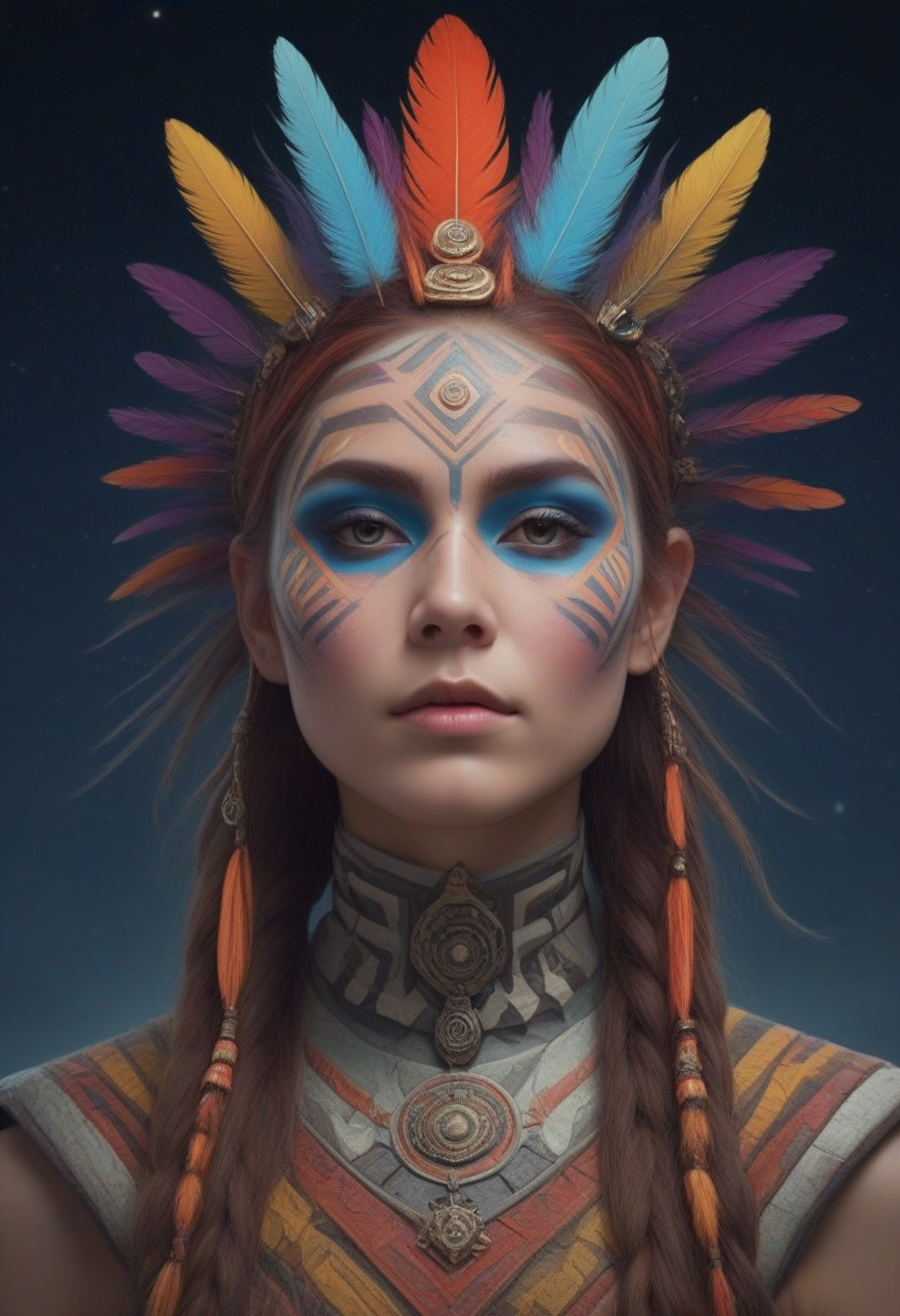 SFW, SmoothNoob_Quality, semi_realistic, , 1girl , 19yo girl,  shaman girl , geometric tribal face painting,mystical cosmic entity, thick long braid,  wearing fur covered rainbow   armor  colorfull feathers headgear,, holding staff made of ice, starry night with milk road background, aurora borealis at the sky,
, Smooth Quality, masterpiece, high_quality, highres, sharp_focus, adrr shaman,