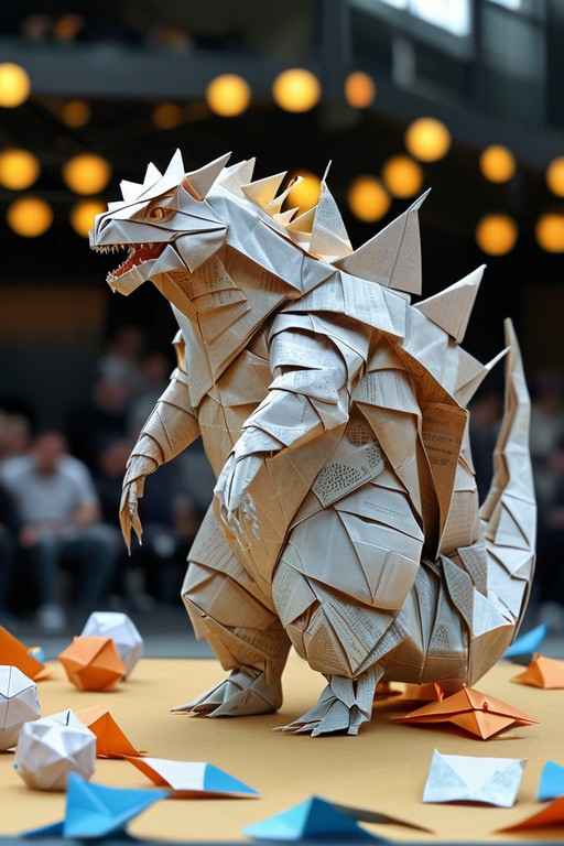 a cute godzilla with a big shiny shoes. Arena, sport setting, lights, spectators.. . luminous paper geometries, Crisp creases, impossible facets, surreal paper precision, sharp edges, origami, made of paper, <lora:Unfazed_origami_style_-_XL_SDXL_v2.0:1.0>