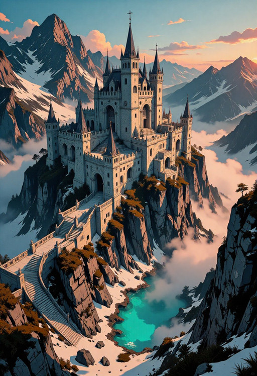 Vintage, Medieval A majestic medieval stone castle perched on a dramatic rocky cliff in the high mountains, intricate Gothic architecture with tall towers, crenellated walls and flying buttresses, morning mist flowing through the deep valley below, golden sunrise lighting the scene with warm pink and orange hues, snow-capped peaks in the background, crystal clear alpine lake at the base, highly detailed, cinematic composition, epic scale, atmospheric lighting, volumetric god rays, 8k, ultra realistic, photorealistic, masterpiece