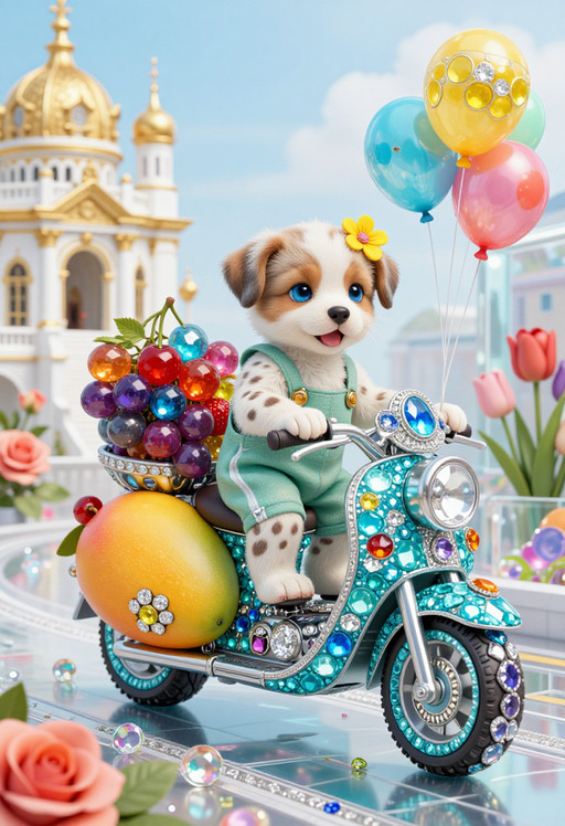 A whimsical digital illustration depicts a small puppy with soft white spots and bright blue eyes joyfully riding a unique shell motorcycle. The motorcycle's body is composed of vibrant turquoise gemstones, diamonds, rubies, blue sapphires, garnets, and peridots in the shape of mangoes and kiwis, and is adorned with clusters of colorful gems serving as balloons and wheels. On the back seat, a glittering collection of colorful, translucent gems resembling grapes, cherries, and strawberries sits next to the puppy, who wears a green jumpsuit and has a yellow flower on its head. In the background, a gold and white palace and a see-through glass street lined with colorful roses and tulips, with gems scattered throughout, can be seen. Soft, diffused light illuminates the fantastical scene, creating a sense of playful wonder.