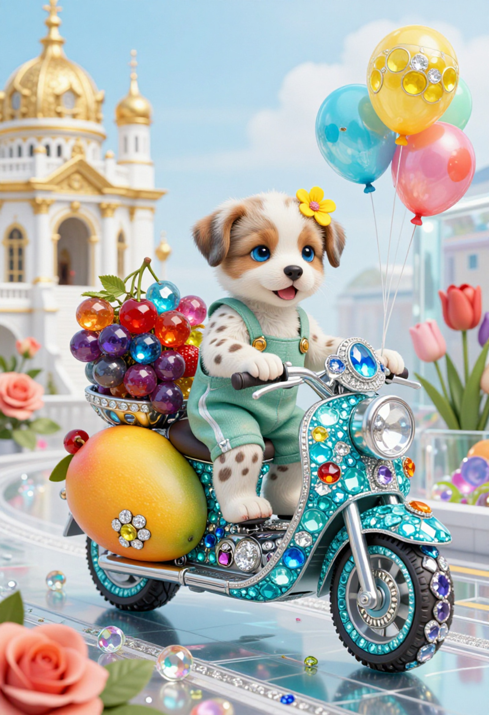 A whimsical digital illustration depicts a small puppy with soft white spots and bright blue eyes joyfully riding a unique shell motorcycle. The motorcycle's body is composed of vibrant turquoise gemstones, diamonds, rubies, blue sapphires, garnets, and peridots in the shape of mangoes and kiwis, and is adorned with clusters of colorful gems serving as balloons and wheels. On the back seat, a glittering collection of colorful, translucent gems resembling grapes, cherries, and strawberries sits next to the puppy, who wears a green jumpsuit and has a yellow flower on its head. In the background, a gold and white palace and a see-through glass street lined with colorful roses and tulips, with gems scattered throughout, can be seen. Soft, diffused light illuminates the fantastical scene, creating a sense of playful wonder.