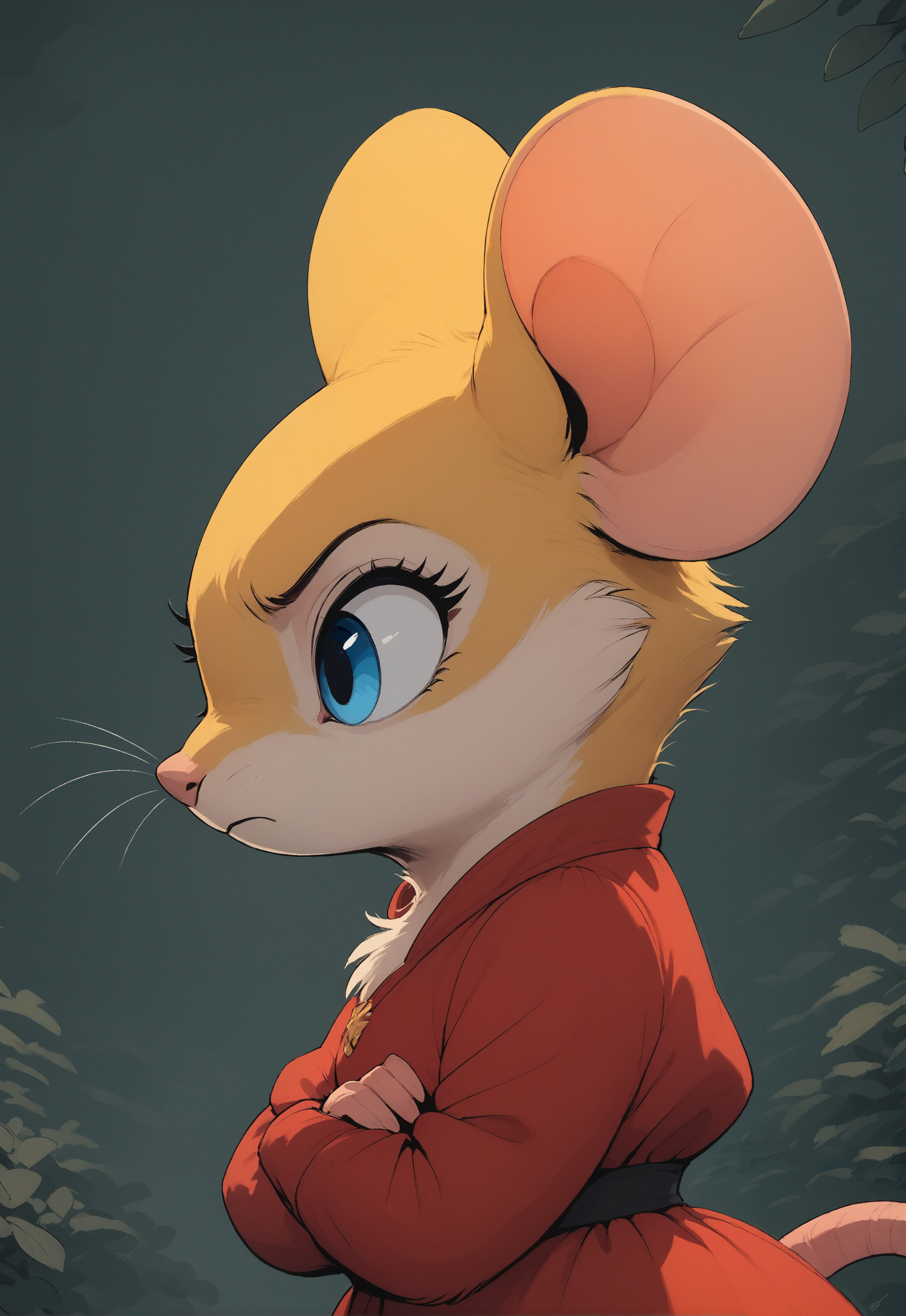 score_9, score_8_up, score_7_up, score_6_up, score_5_up, score_4_up, mouse, female, (feral, cute:1.3), yellow fur, blue eyes, red dress, ,  , (Arms crossed over the chest looking serious:1.2), from side, side view, 