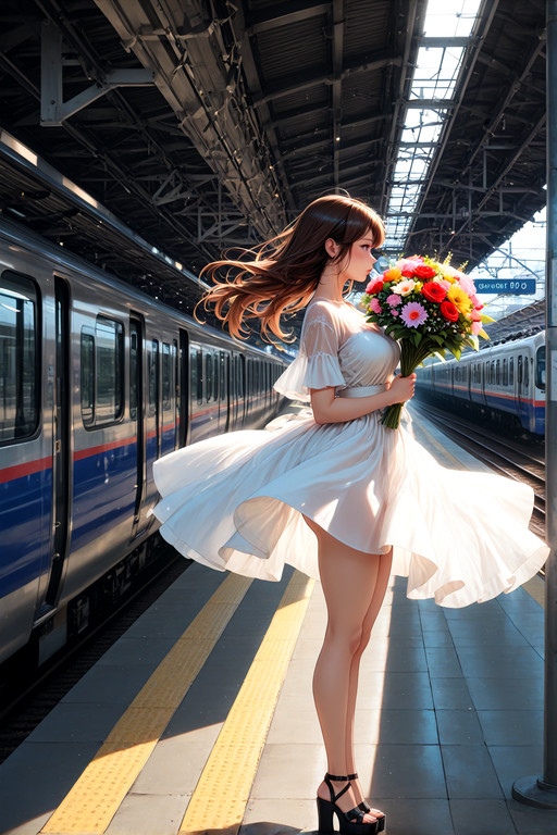 platform of train station, woman standing, thighs visible, wind blowing dress, holding bouquet, solo, from side, score_9, score_8_up <lora:Atomix_Night_Style_V1:0.7> <lora:iLLMythAn1m3Style:0.8>