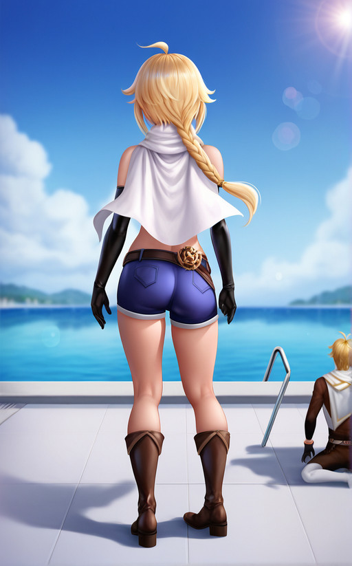 score_9, score_8_up, score_7_up, absurdres, <lora:PONYXL_STYLE_gvArt_ownwaifu:1>, BREAK PONYXL_STYLE_gvArt_ownwaifu, 3d, blue sky, blur censor, blurry, blurry background, blurry foreground, bokeh, cellphone picture, chromatic aberration, day, depth of field, figure, film grain, focused, motion blur, outdoors, photo (medium), photo background, photo inset, pool, pov, pov hands, unconventional media, blonde hair, gloves, 1boy, standing, full body, male focus, boots, sky, solo focus, black gloves, elbow gloves, pants, solo, short hair, from behind, scarf, shorts, cloud, 1other, mini person, 1girl, long hair, shirt, braid, cape, single braid, white scarf, white cape, aether (genshin impact)