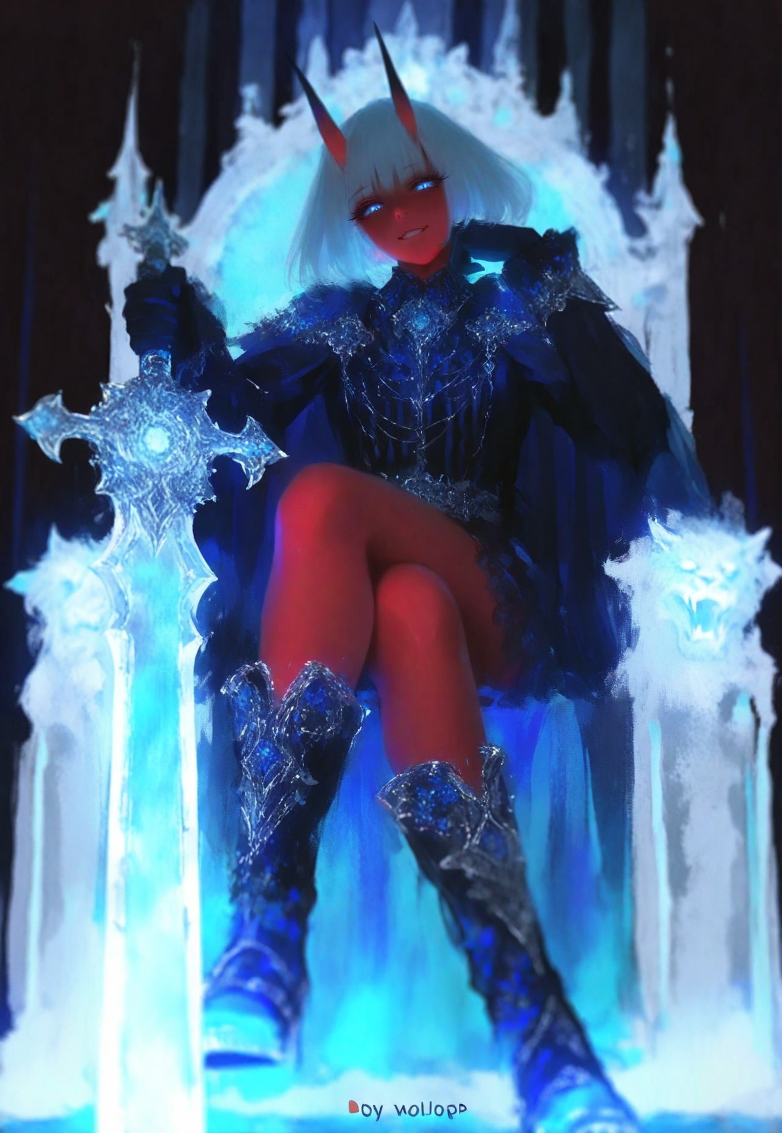 masterpiece, best quality, ultra-detailed, very aesthetic, depth of field, best lighting, detailed illustration, detailed background, beautiful face, beautiful eyes, soft lighting, bloom effect, detailed background, cute girl, eyelashes, foreshortening,

Aka-Oni, oni, (oni horns), colored skin, (red skin:1.3), smooth horns, black horns, straight horns, mature,

 1girl, solo, female focus, queen, silver hair, messy short hair, blue eyes, sharp eyes, looking at viewer, sitting on throne, ornate throne, silver throne, lion head motif on armrest, legs crossed, leaning, hand on head, head rest, holding sword, sword held vertically, long sword, rapier, blue military uniform, silver trim, silver embroidery, blue cape, blue gloves, knee-high black boots, blue carpet, blue and white striped background, broken circle motif behind,
smile,

[(by alphonse_\(white_datura\):1.3)|(by kana616:0.8)], [(by hen-tie:1.3)|(by kagami_\(galgamesion\):1.2)], (by kinokohime:1.2), (by yatsuha_\(hachiyoh\):0.8), (by j.k.:1.1), by kukka, by keihh, wlop, cinematic, epic,