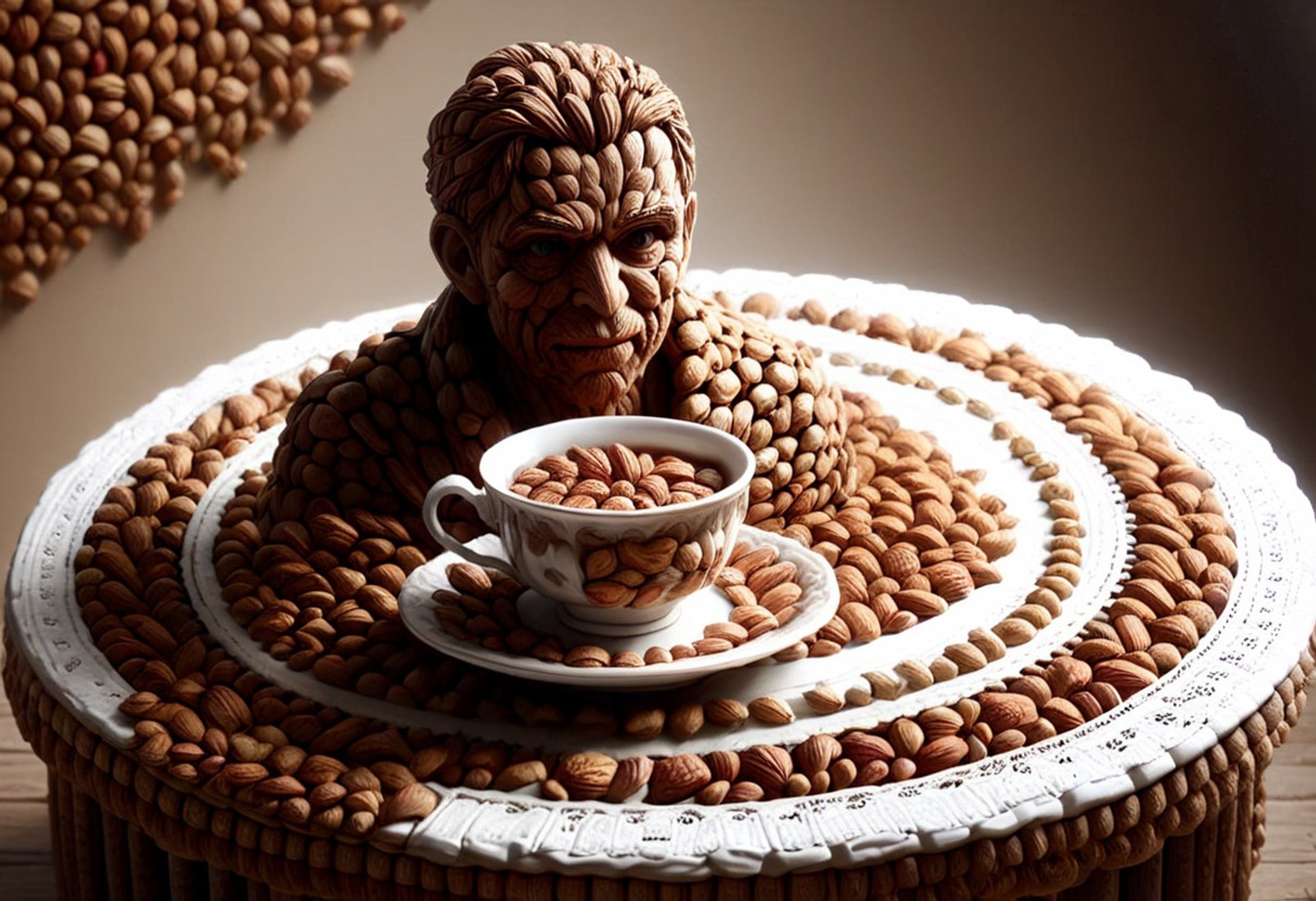 masterpiece, best quality, absurdres, ultra-detailed, photorealistic, 4k, rating_safe, score_9, score_8, aesthetic,
nutstylesnut:1.3, (T-800 Terminator made entirely of walnuts and pecans):1.5 BREAK
(sitting daintily at a tiny, ornate porcelain tea table:1.2), (holding an impossibly small teacup with one metal-nut finger):1.3 BREAK
(body showing intricate, crunchy textures of mixed nuts:1.4), (glowing red optic sensors made of candied cherries):1.3 BREAK
(elegant Victorian tea room, mismatched floral wallpaper:1.2), (doily tablecloth with a spilled sugar cube):1.3 BREAK
(soft, warm lamplight casting long shadows:1.2), (wide shot capturing the absurdity):1.3 BREAK
aesthetic, hilariously out of place cyborg:1.2
<strong>Additional LORA recommendation</strong></p>