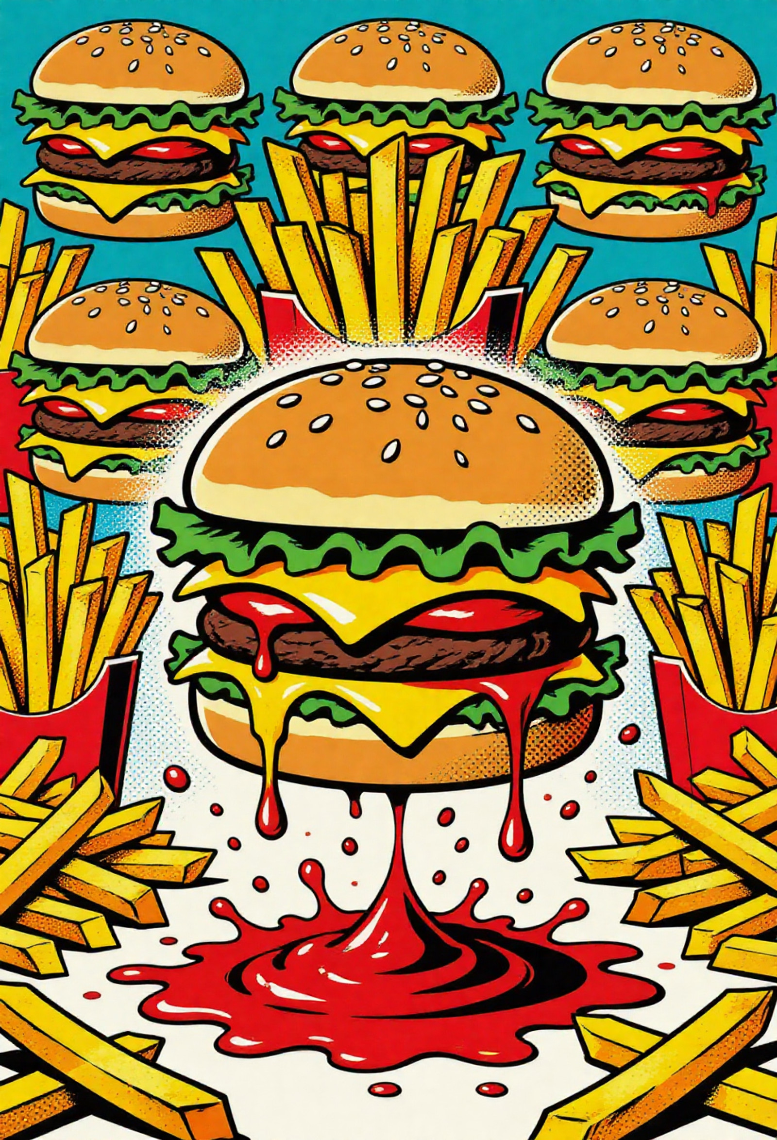 , pop art bold halftones, Towering triple cheeseburger with flying sesame seeds, dripping yellow cheese and red ketchup splashes frozen mid-air, strong Andy Warhol & James Rosenquist influence, repeating pattern of giant french fries in the background, screaming yellow, tomato red and pickle green color palette, heavy black comic outlines, halftone dots