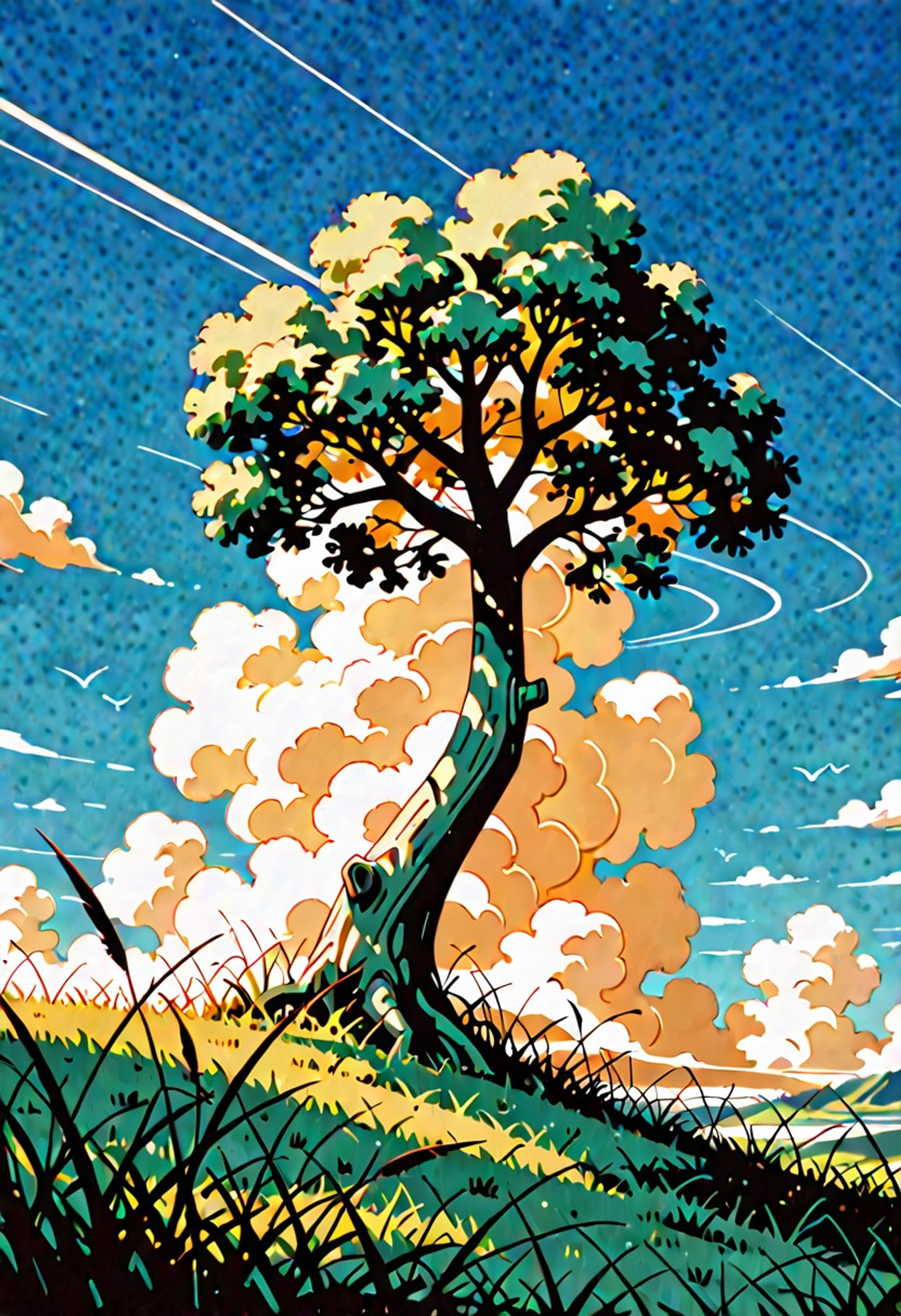 Studio Ghibli Style - Anime style image. A rolling green hill covered in vibrant, lush grass. The grass has a slight texture and gradient due to the light.
A bright, clear, sunny day with a deep blue sky dotted with puffy, white cumulus clouds. The scene is outdoors with no visible signs of civilization beyond the grass.
Natural sunlight, providing even illumination across the scene, creating soft shadows and highlighting the texture of the grass.
Wide-angle shot with a low horizon line, emphasizing the vastness of the sky and the rolling landscape. The composition is simple and balanced, drawing the eye across the scene.