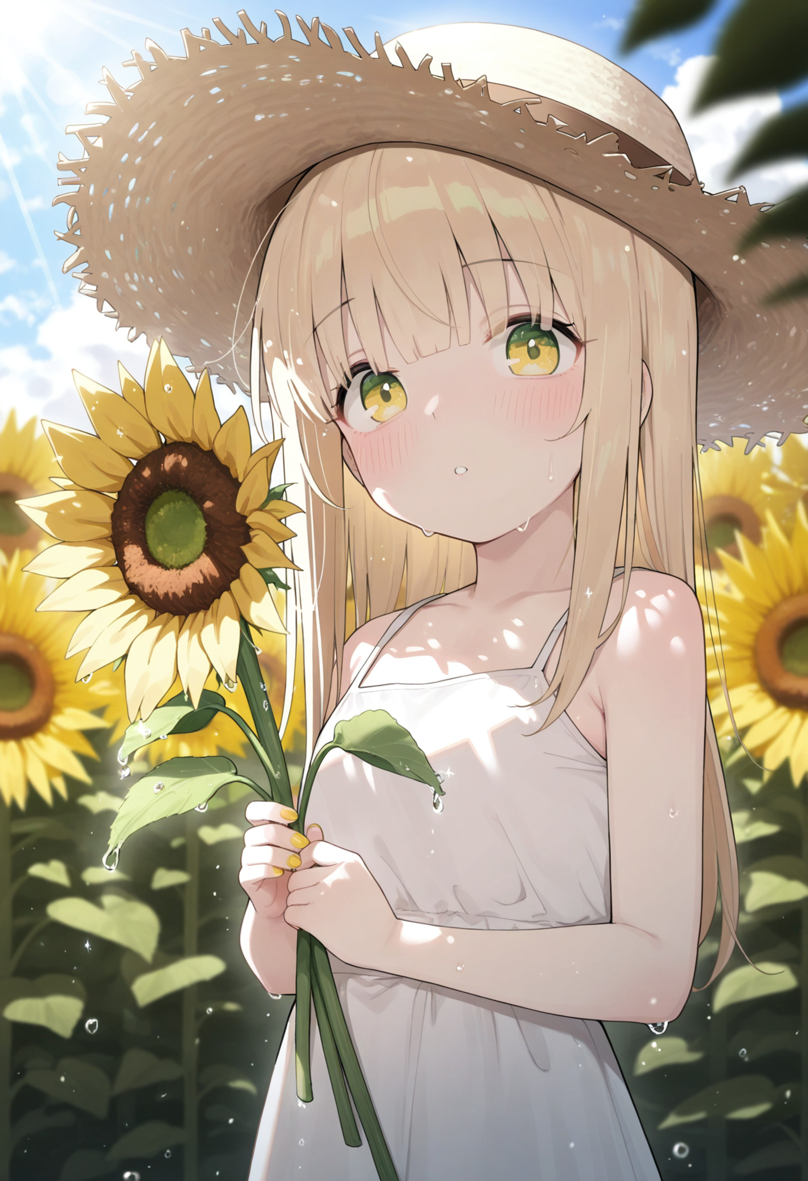 masterpiece,best quality,amazing quality,
1girl, sunflower, flower, solo, hat, long hair, holding, looking at viewer, holding flower, bangs, dress, straw hat, yellow flower, parted lips, upper body, blonde hair, yellow eyes, white dress, blush, outdoors, water drop, nail polish, bare shoulders, sleeveless dress, sleeveless, sundress, sunlight, green eyes, blurry, summer,
 <lora:Healthyman_epoch_10:1>