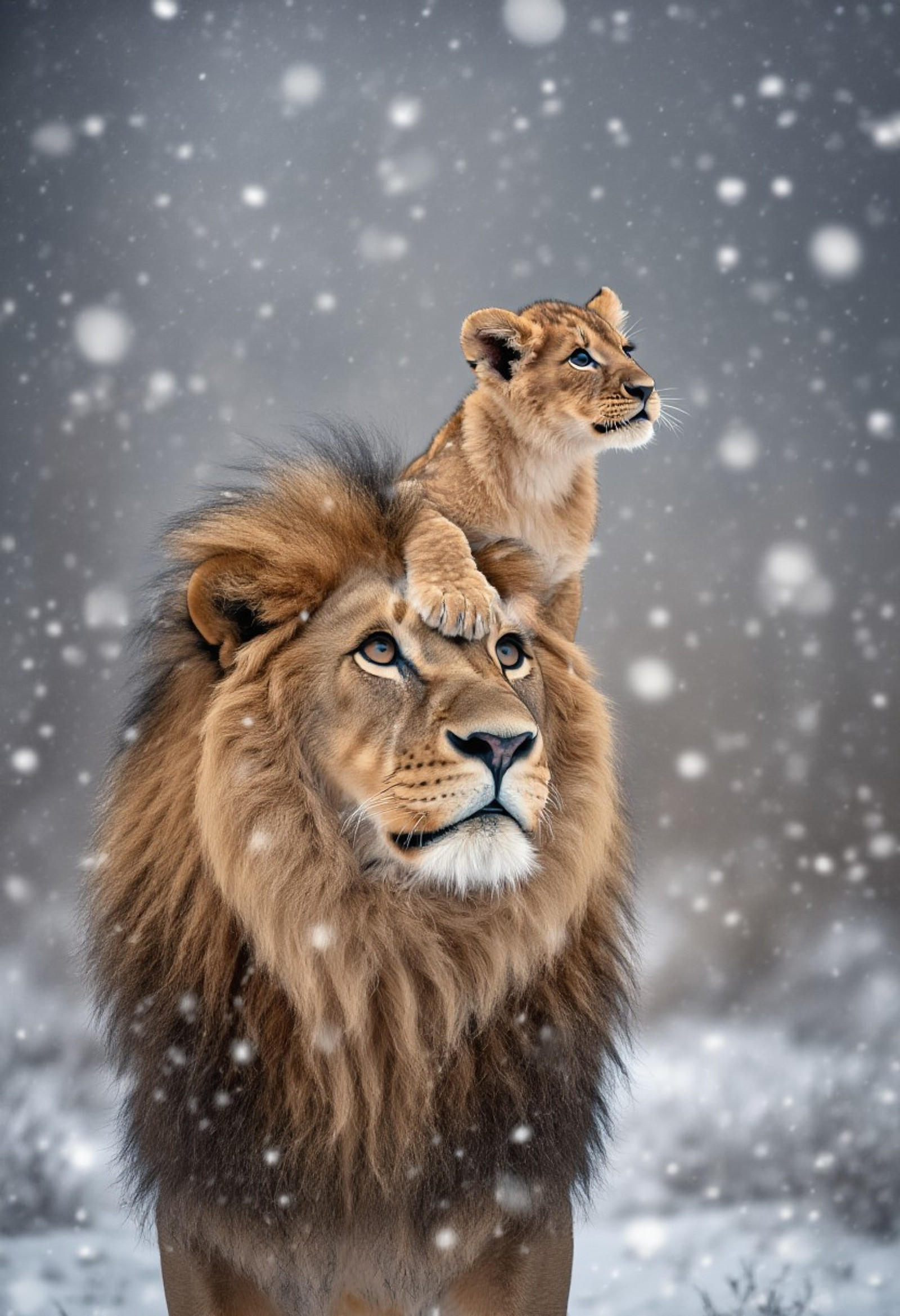 Create a photorealistic image of a majestic lion and a lion cub in a snowy forest. The adult lion, with a thick, flowing mane, gazes upward with a contemplative expression. A small, adorable lion cub sits atop the lion's head, also looking upwards with a sense of wonder. Soft, diffused light filters through falling snowflakes, creating a serene and slightly melancholic atmosphere. The background is a blurred, desaturated forest, emphasizing the warm tones of the lions' fur. The image should convey a sense of familial bond and shared curiosity, with a focus on detailed textures and a gentle, wintery aesthetic.