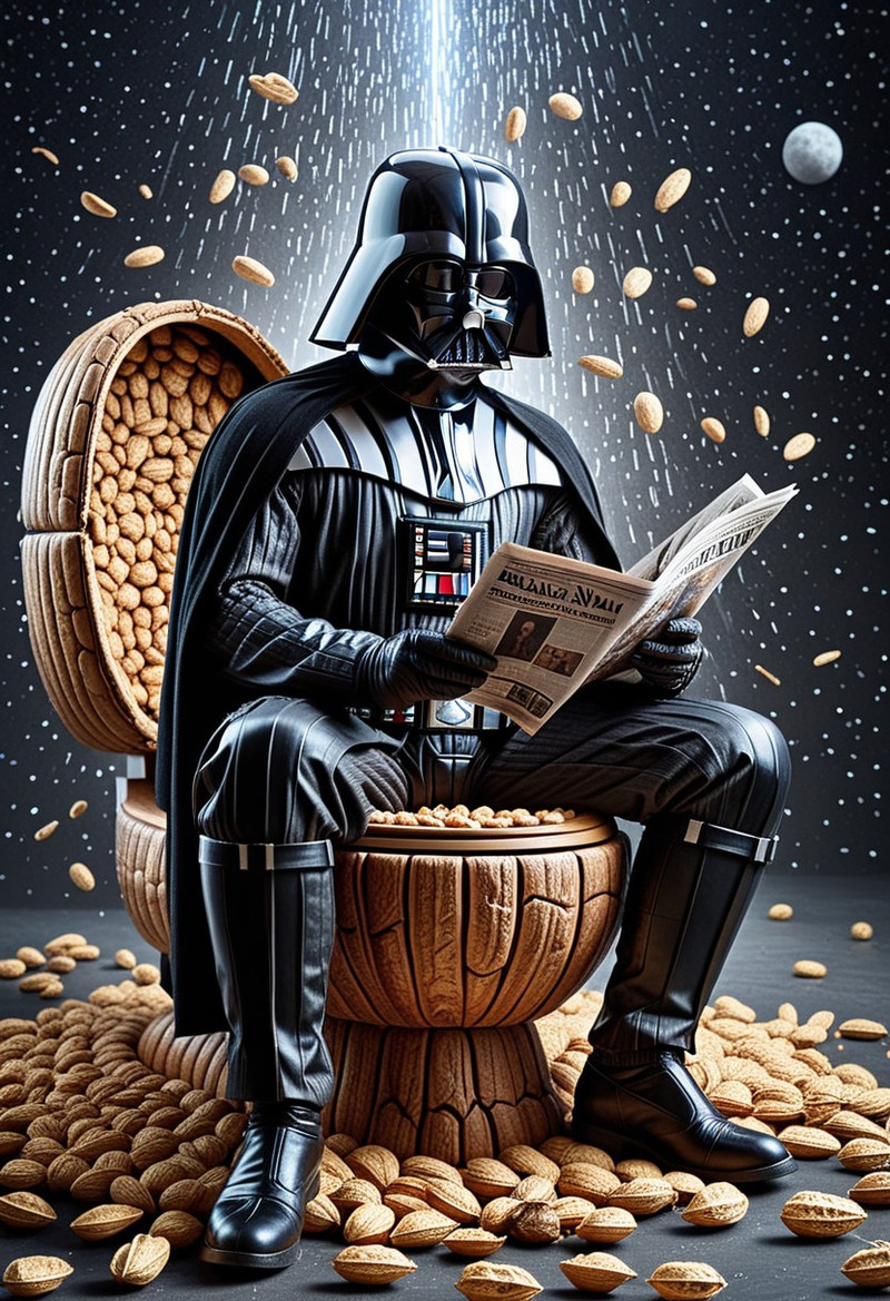 nutstylesnut, Darth Vader sitting on a giant cracked walnut toilet reading a newspaper made of peanut skins. T