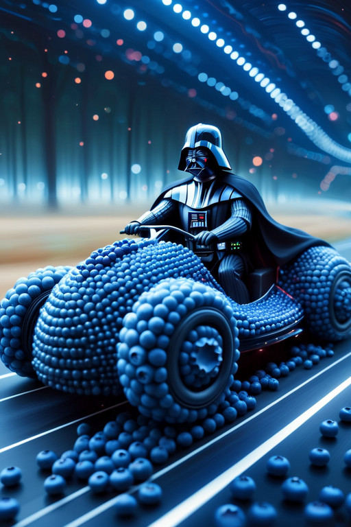 darth vader driving a futuristic vehicle, surreal, scenery, landscape, movement, motion blur, speed, . blueberrym0rph. blueberrym0rph, made out of blueberries, dotstyle, bokeh, glowing
