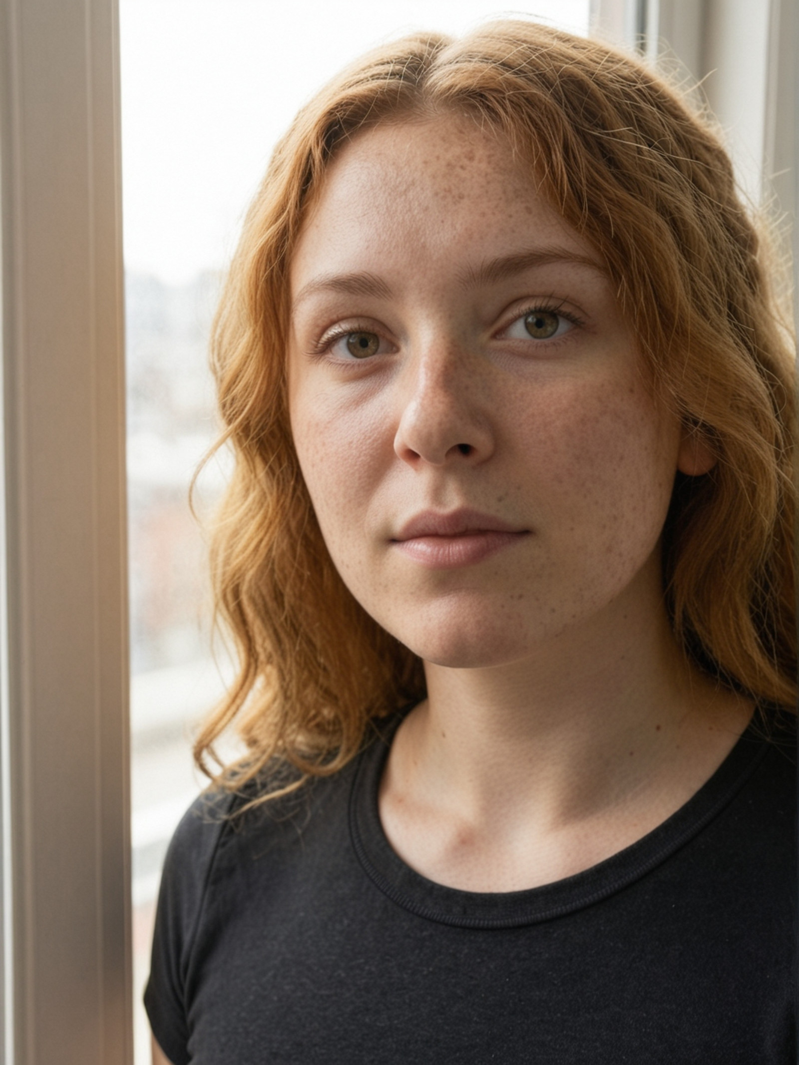 Close-up portrait of Adela, wearing a black cotton t-shirt, standing by a large window, natural sunlight hitting one side of her face (rim lighting), sharp focus on her eyes, detailed iris, neutral expression, ultra-detailed skin, 8k resolution, clean background <lora:Adela:0.65>,