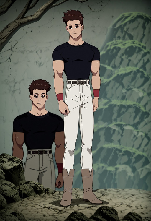 skirt tug, score_9,score_8_up,score_7_up,  rating_explicit, Expressiveh, masterpiece, best quality, best aesthetics, perfect anatomy, perfect proportions, high resolution, good colors, bright skin, good shading, good eyes,  
Guy, 1boy, male focus, solo, brown hair, brown eyes, Shirt, black shirt, short sleeves, pants, blet, boots, wristband, white pants,   score_9, score_8_up, score_7_up, score_6_up <lora:vinceteaa_020_04v2-step00000400r:1> good face, good eyes, looking at viewer, full body, standing,