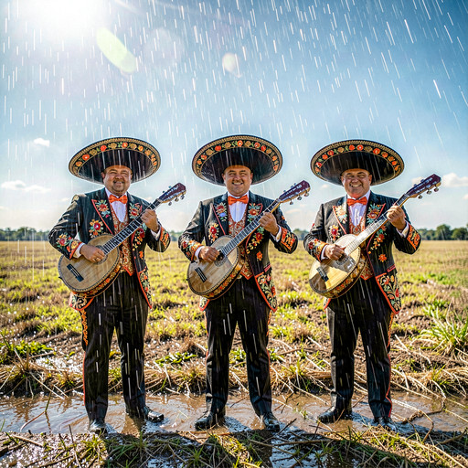 Grand-scale IMAX cinematography, ultra-wide 15mm lens, extreme clarity, high dynamic range, naturalistic sunlight, hyper-realistic textures...3 mexican mariachi at noon, raining,  against a plain field background