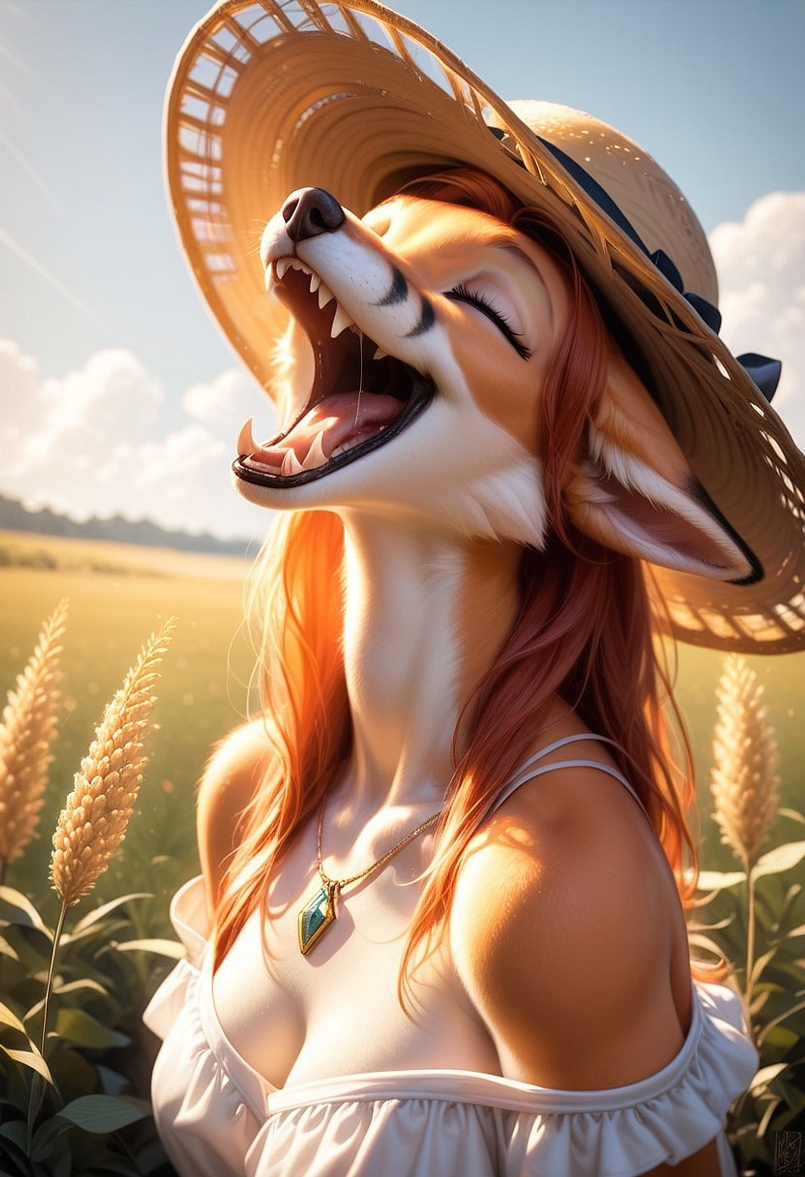 score_9, score_8_up, score_7_up, source_furry, beautiful female ginger fox, furry , perked medium breasts, wheat field, white skirt and shirt, seductive, claws, solo,  portrait,leaning towards a viewer,,solo, closed eyes with beautiful details, head up, sleepy,pendant, perked ears,head portrait,, epic,a contemplative expression on her face, three quarter view, perked ears, looking at a viewer, happy, head portrait, golden hour sunset, vintage shot, sun rays reflecting off river, vintage shot, foggy landscape, open mouth, fangs, saliva between fangs, yawning, relaxed, detailed mouth, epic, beautiful, high quality, better quality, summer straw hat
