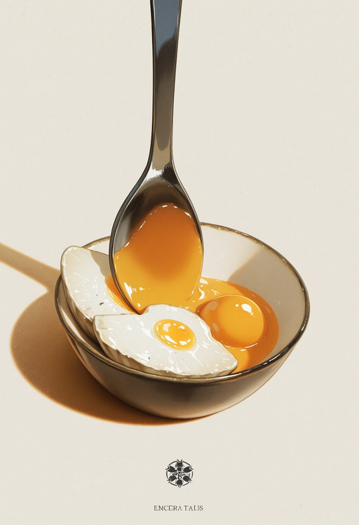 masterpiece, best quality, highly detailed, surreal still life, encaustic paint texture, boiled egg with fractured shell, glossy white shell, golden yolk, morphing into human head, spoon piercing upward like an eerie emblem, textured wax layers, translucent luminosity, rich saturated creams, amber tones, mixed media grit, atmospheric depth, soft side lighting, shallow depth of field, fluid organic forms, contemporary realism, historical painterly influence, in the style of ckncore